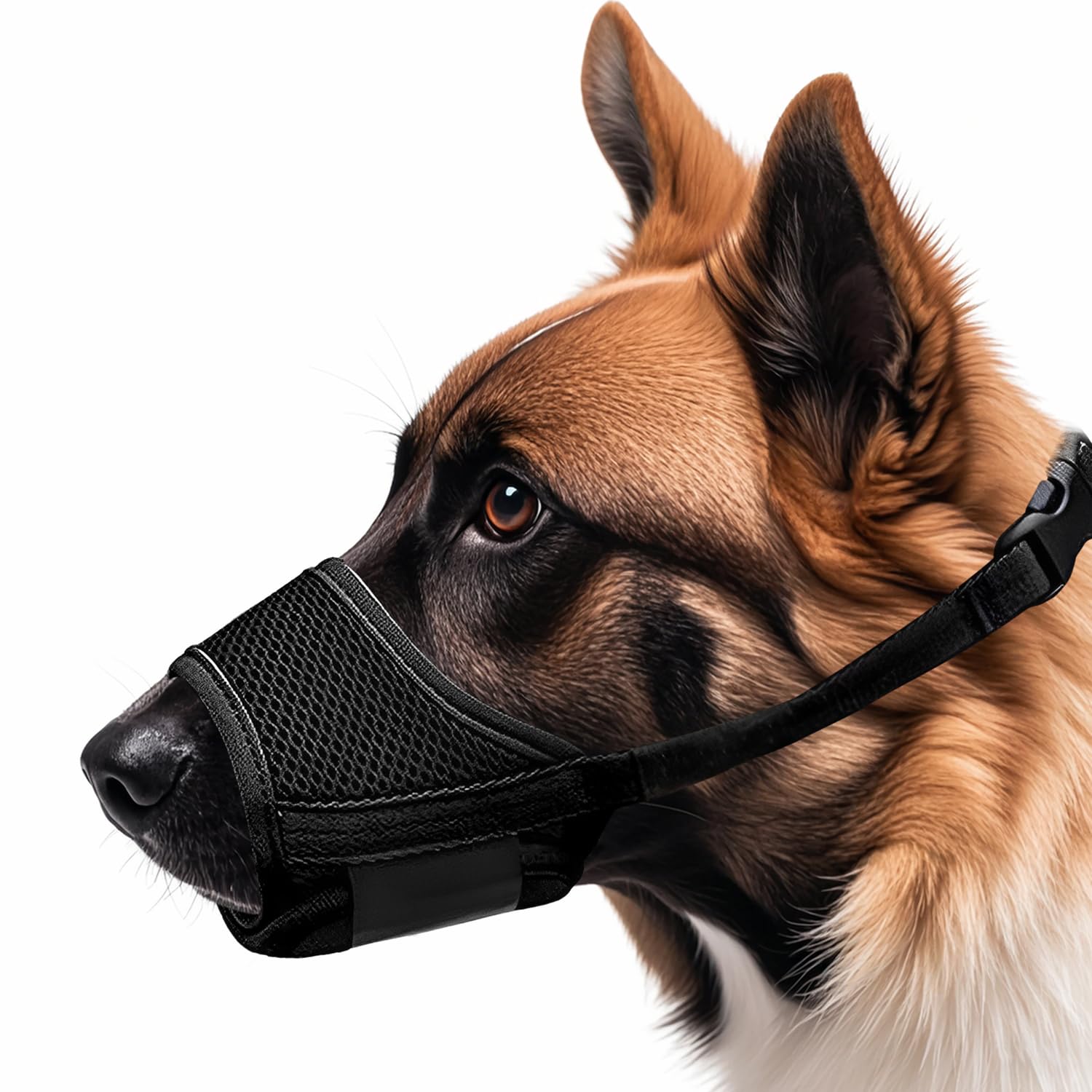 LATRAT Museliere pour Chiens, Muselière en Nylon Réglable, Souple Boucle Maille Tissu, Respirante, empêche de Manger, de Mordre et de AboieMent, Noir L
