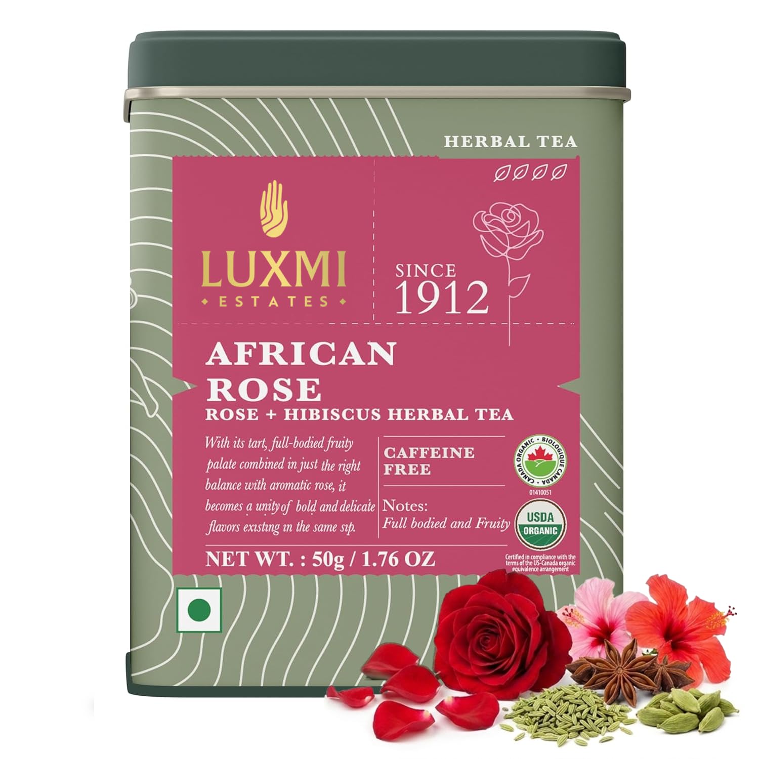 Luxmi Estates African Rose Hibiscus Tea | Loose Leaf, 50g (1.76oz, 25 Cups) | USDA Organic 8-Herb Floral Blend with Hibiscus, Rose Petals, Fennel,