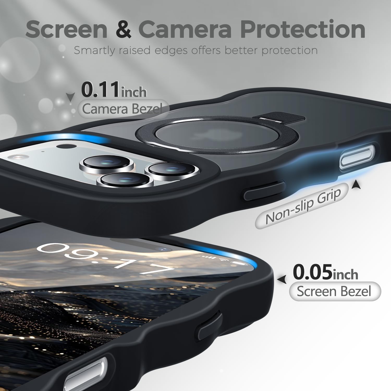 [Cute Wave Frame+Mag Stand] Designed for iPhone 17 Pro Max Case, [Fit for MagSafe] Translucent Silicone Protective Magnetic Ring Phone Case Cover for iPhone 17 Promax 6.9 inch Men Women, Black - Image 4