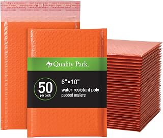Quality Park Bubble Mailers, 6 x 9 Shipping Envelopes, Water Resistant Orange Poly Padded Envelopes, Redi-Strip Peel Off Closure, 50/Box (QUA85863)