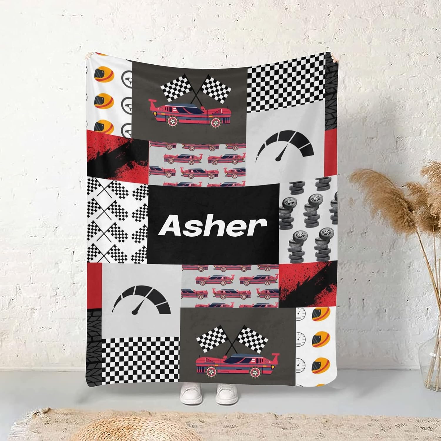 Race Car Quit Personalized Receiving Sherpa Fleece Baby Blankets for Girls Boys Kids, Swaddle Blankets Gift for Newborn Crib Infants 30x40 Inches
