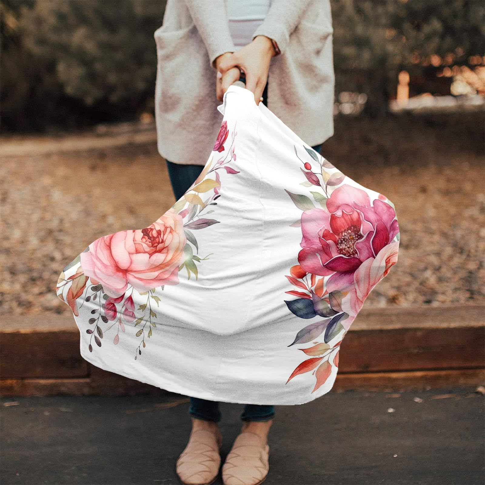 Nursing Cover for Breastfeeding Scarf, Red Floral Leaves Baby Car Covers Super Soft Multi Use for Canopy Shopping Cart Cover Blanket Stroller Cover