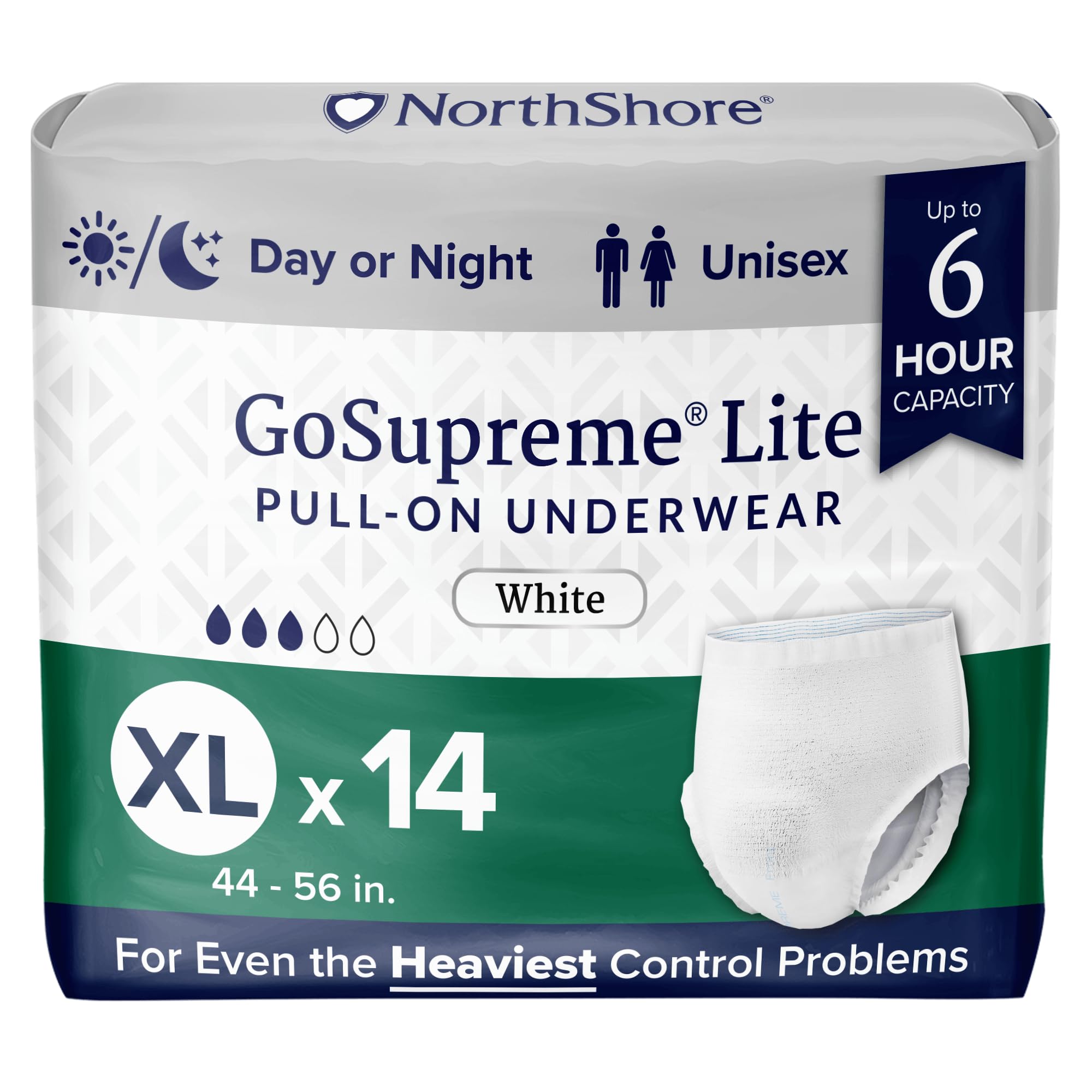 NorthShore GoSupreme Lite Incontinence Underwear, 6-Hour Pullup Style, X-Large, 14 Count Bag, White, 44-56 inches, Unisex Adult Diapers