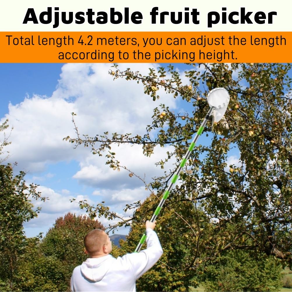 Raccoglitore per Mele con Manico Telescopico,Raccogli Frutta con Manico Telescopico,Raccoglitrice di Fruttai,Raccogli Frutta con Palo In Acciaio Inox Leggero,Raccogli Frutta Telescopico