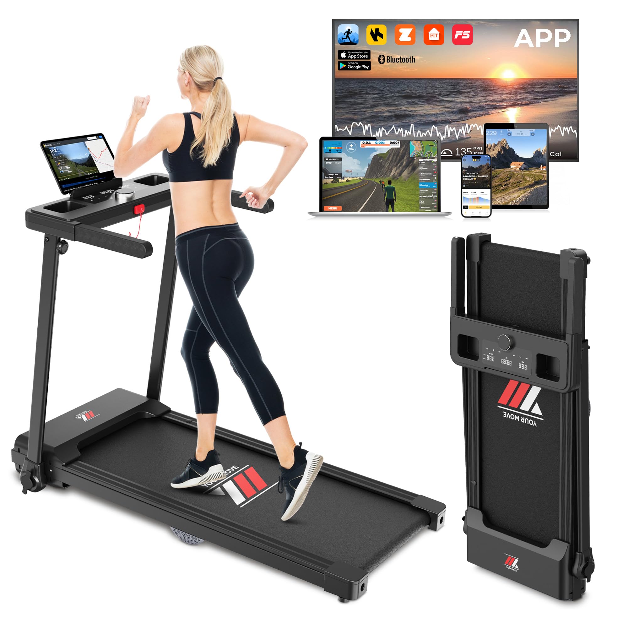 YM Tapis Roulant Salvaspazio 14 km/h 2000 PRO, Marchio Italiano, Ampia Superfice, Tapis Roulant Elettrico Pieghevole, Bluetooth e APP Interattive,Motore 2HP (Picco 3,5HP) Assistenza ITALIA