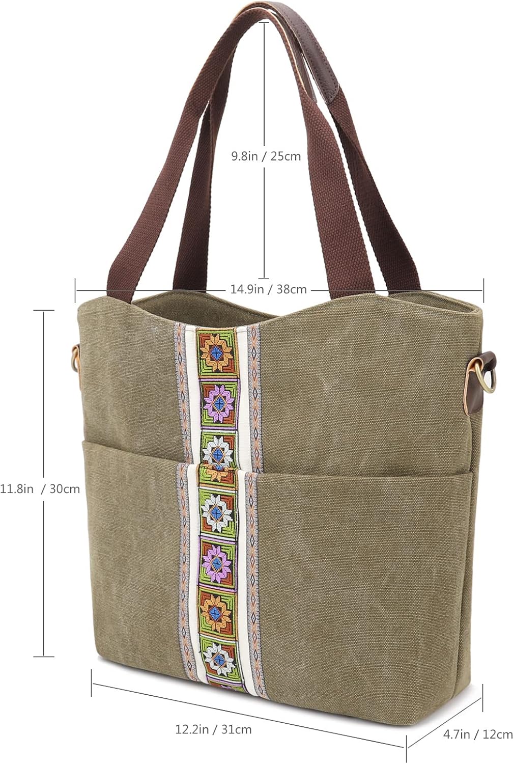 SILKAREA Women's Canvas Large Tote Bag Embroidered Shoulder Bag Multi Pocket Crossbody Bag Top Handle Bag Handbag Hobo Purse - Image 3