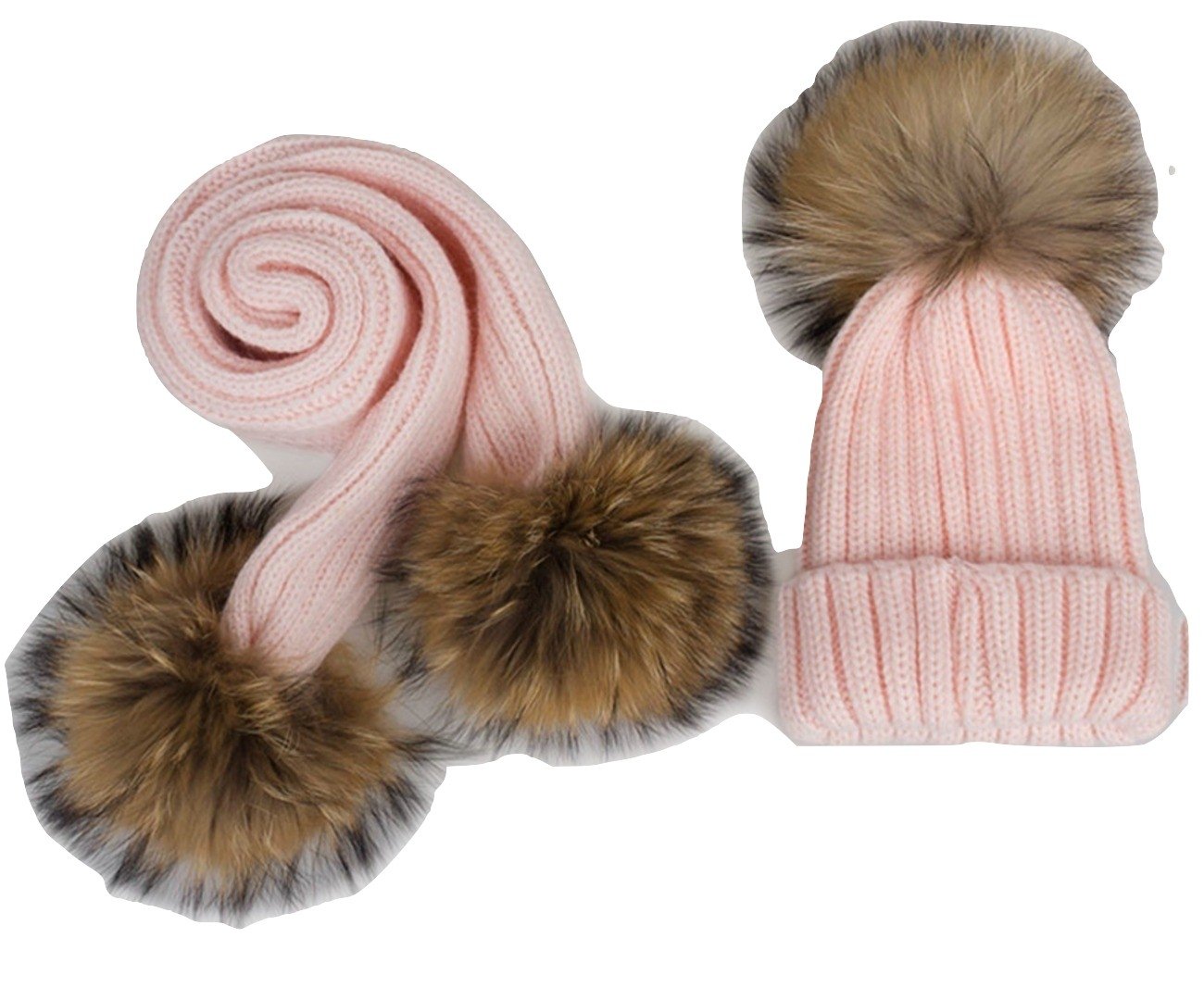 Set Cappello e Sciarpa Rosa 3 PON PON Pelliccia 1-4/5 Anni Bambina Cappellino Cuffia Misto Lana Baby