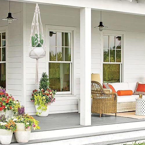 Miniatura 4 de Paquete de 4 macetas colgantes de macramé, hechas a mano con cuerda de algodón para interiores y exteriores con borlas, 4 estilos para colgar