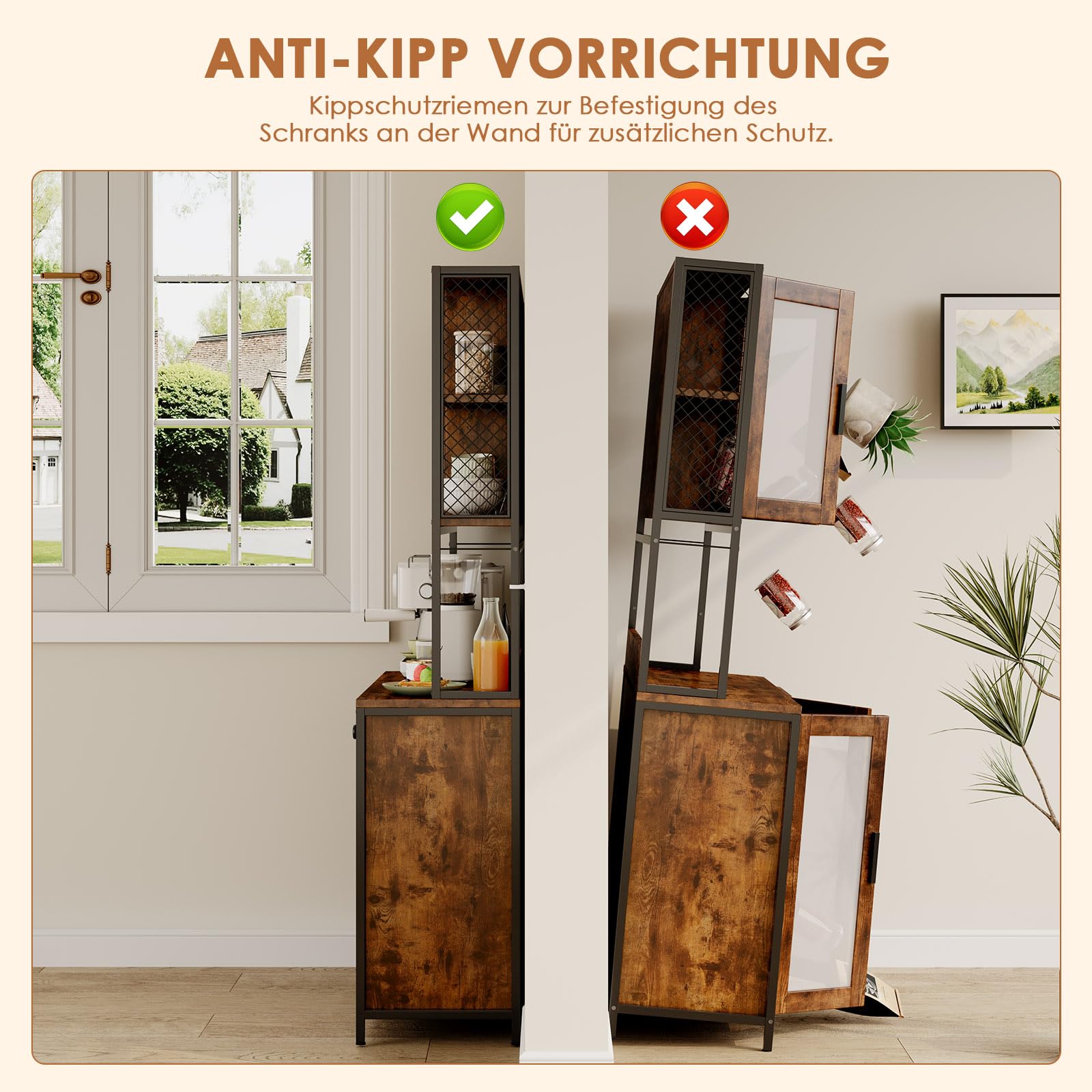 Dripex Küchenschrank 181cm Hoher Buffetschrank mit Arbeitsplatte, mit Steckdosen, Vorratsschrank Küche mit 5 Türen und eine Schublade, Hochschrank Küche für Wohnzimmer Esszimmer Bar, Industrie-Design