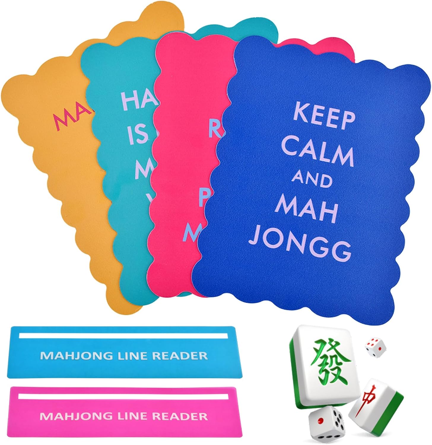 Mahjong Shuffler Cards with Funny Sayings for Mixing Shuffling Tiles, 4PCS Colorful Thick PVC Shuffling Mixers with 2PCS Mahjong Line Finder, Gifts for Lovers Playing(Color:Multicolor)