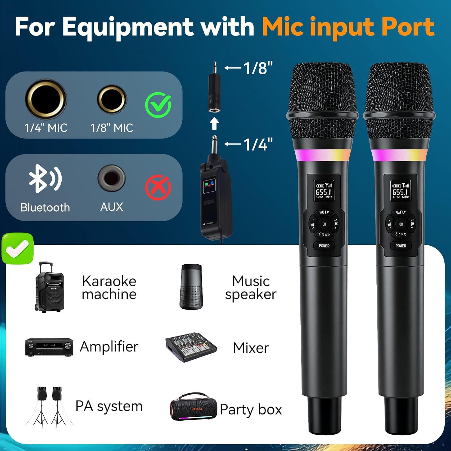 Wireless Microphone, Dual Handheld 2.4G Dynamic Mic with Rechargeable Receiver，Professional Karaoke Microphone, Dual Vocal Pickup with mute echo,treble,bass control , for Singing, Speech, PA System