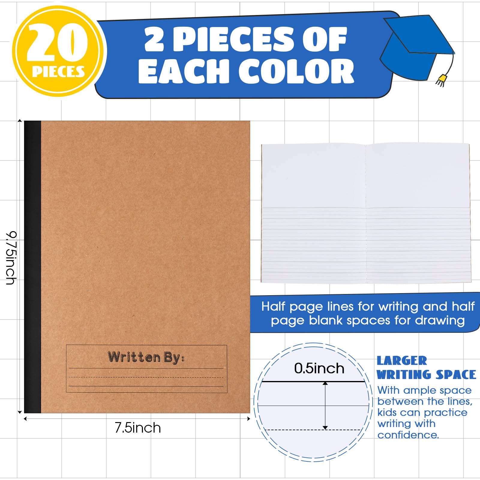 Henoyso 20 cuadernos de composición primaria de 9 3/4 x 7 1/2 pulgadas, suministros de regreso a la escuela, cuaderno de escritura primaria K-2 para niños, diario de dibujo y escritura de cuentos