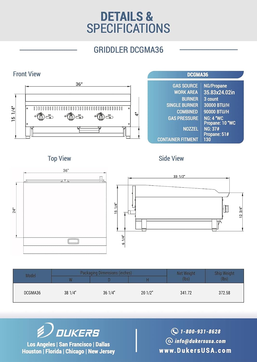 Dukers DCGMA36 36" in. W Commercial Countertop Gas Griddle, 1 Burner, NG/LPG (Natural Gas/Liquid Propane) 30,000 BTU 1 inch Plate with Manual Controls