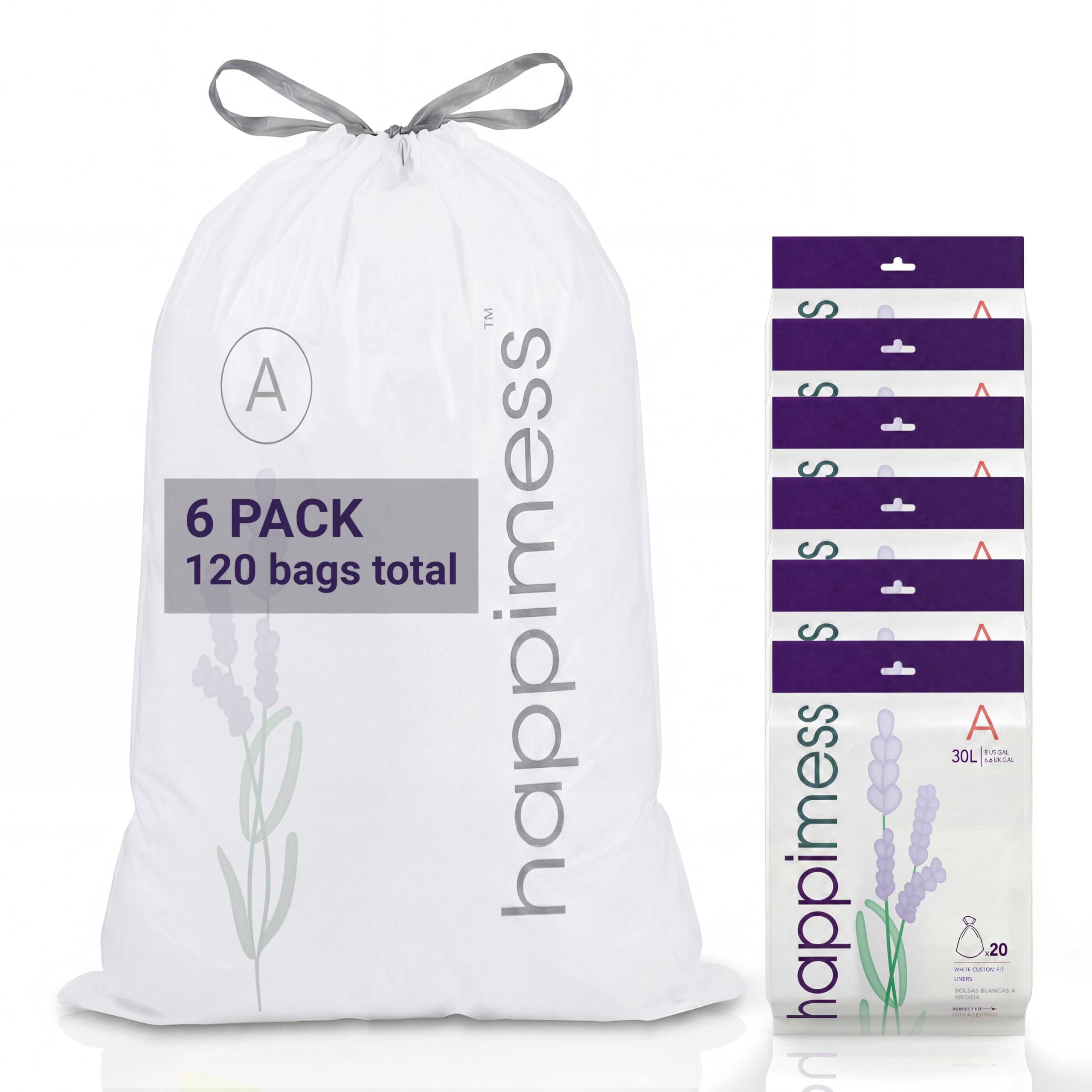happimess White (Lavender Scented) / 120 Count (Pack of 1) / 8.0 gallons Trash Bags
