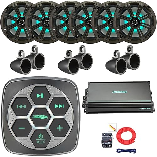 Marine Bluetooth 3-Zone Controller, 8" 300 Watt Max Power RGB LED Boat Audio Speakers, 6X 8 Grille Speakers, 6X 8 Speaker Enclosures, 6-Channel Amplifier W/Install Kit