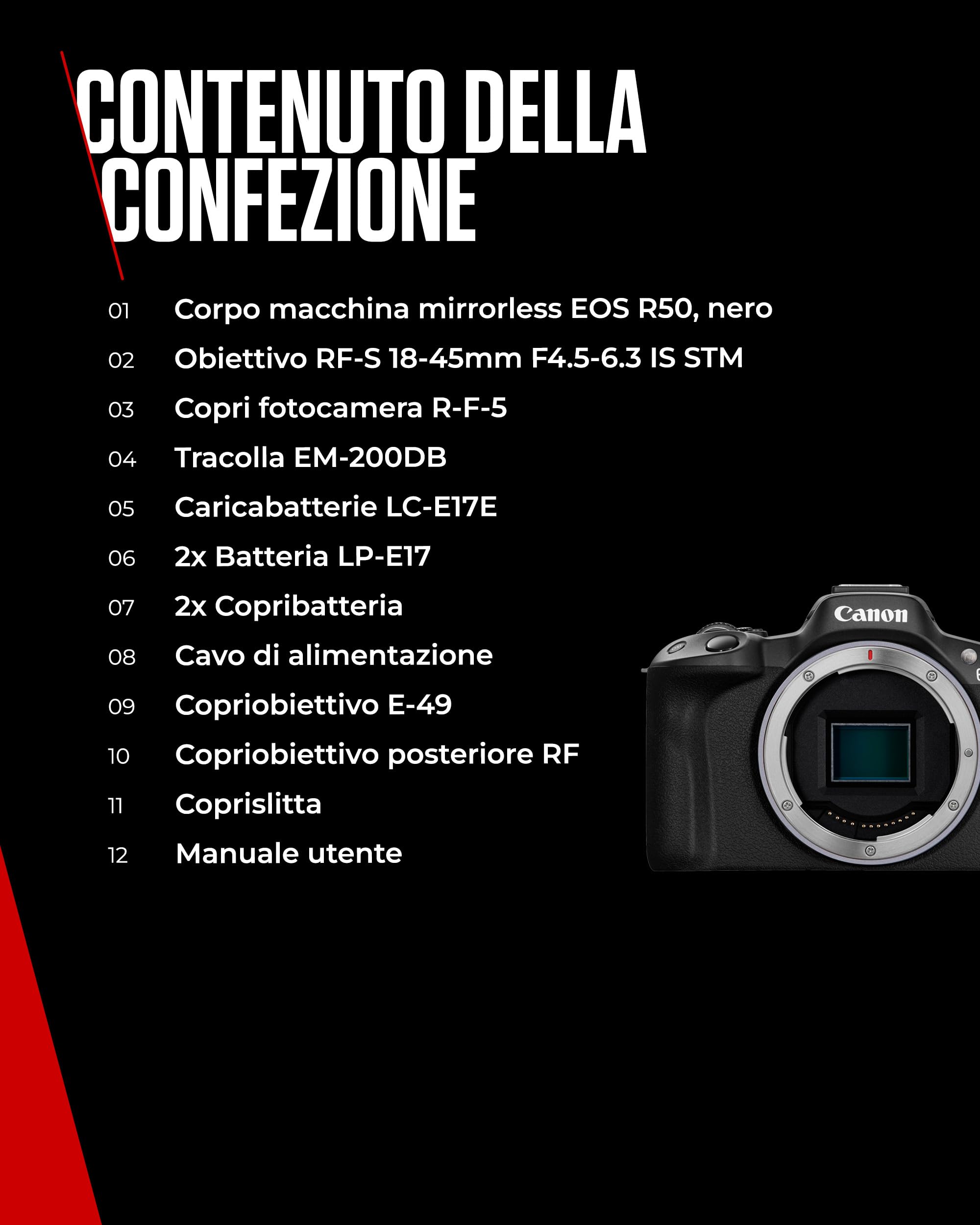 Canon EOS R50 APS-C Mirrorless + RF-S 18-45 f/4,5-6,3 + 2x Batterie (Kit Batteria Aggiuntiva), (24,2 Mp,- Fino a 15fps, DIGIC X, Video 4K UHD Fino 30p, Dual Pixel CMOS Auto Focus II, Disp)
