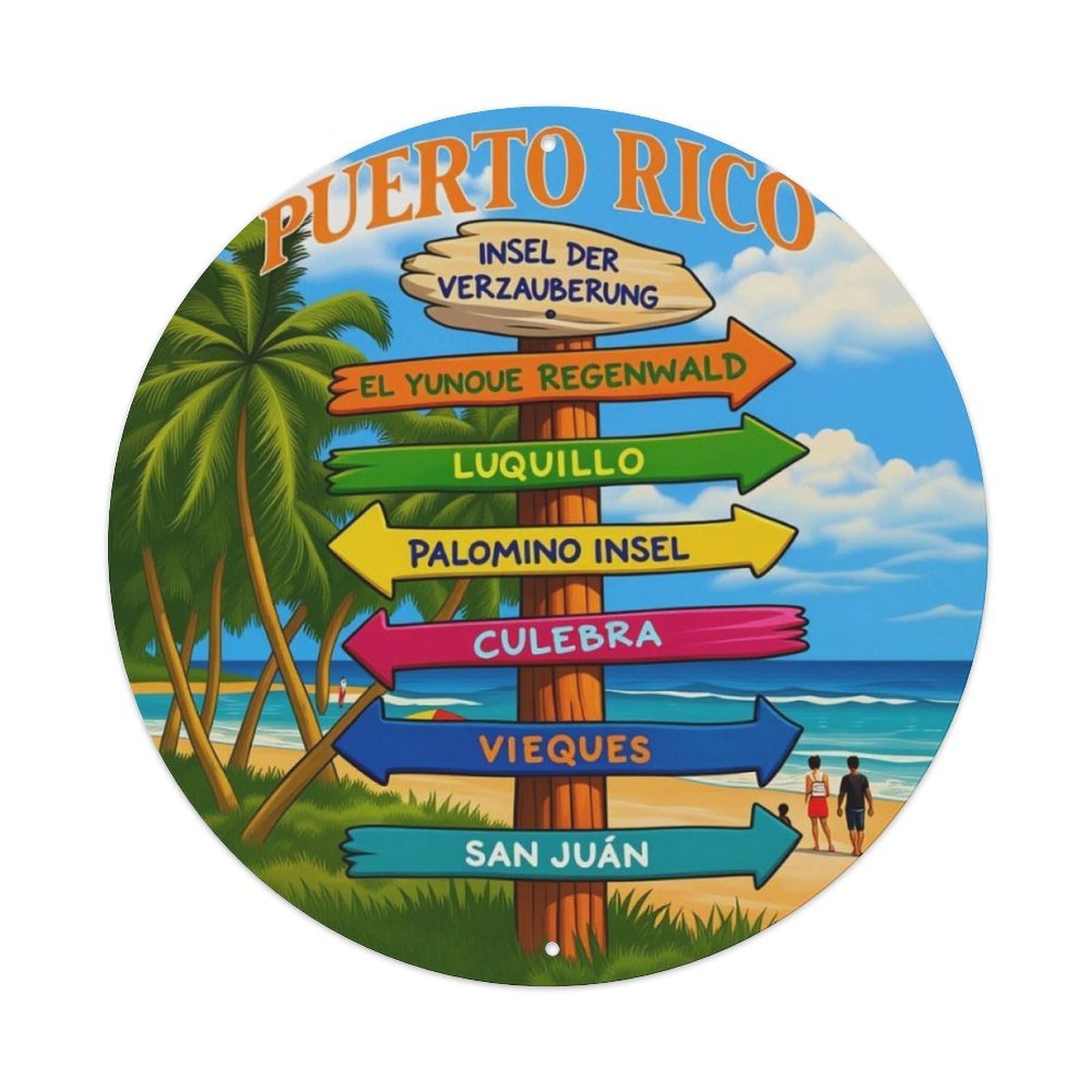 Puerto Rico Tropical Beach Direction Sign Round Decor Sign Vintage Aluminium Metal Sign, Retro Wall Decor for Home, Bar, Garage & Farmhouse 20x20cm