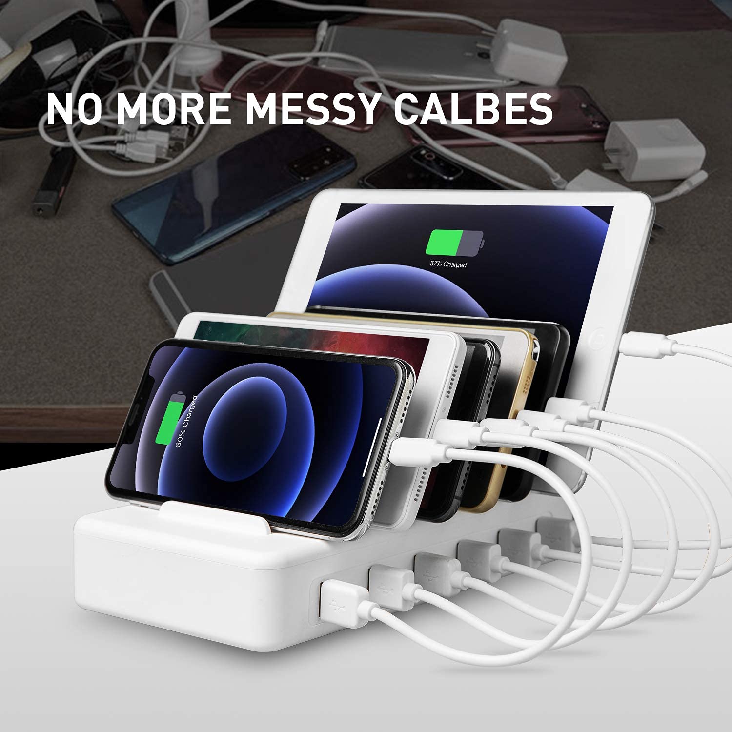 YOJA Station de Charge 6 Ports USB Chargeur Multiple Station Recharge Support de Charge Station Chargement pour Tablette Smartphone and Autres, avec 6 Câbles Courts, Couleur Blanc