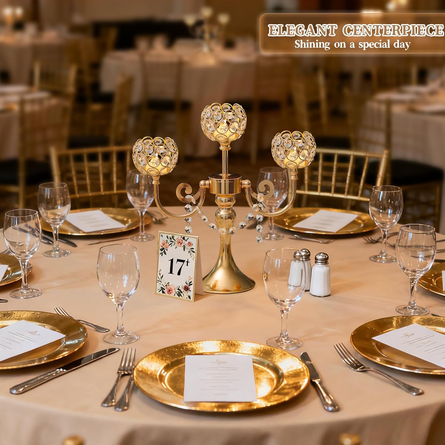 3 Arm Candlesticks Holder with Crystal Bowls - Gold Metal Tealight Candle Holder, Elegant Tabletop Centerpiece for Dining Table, Party, Birthday, Christmas & Home Decoration (2Pcs, Gold)