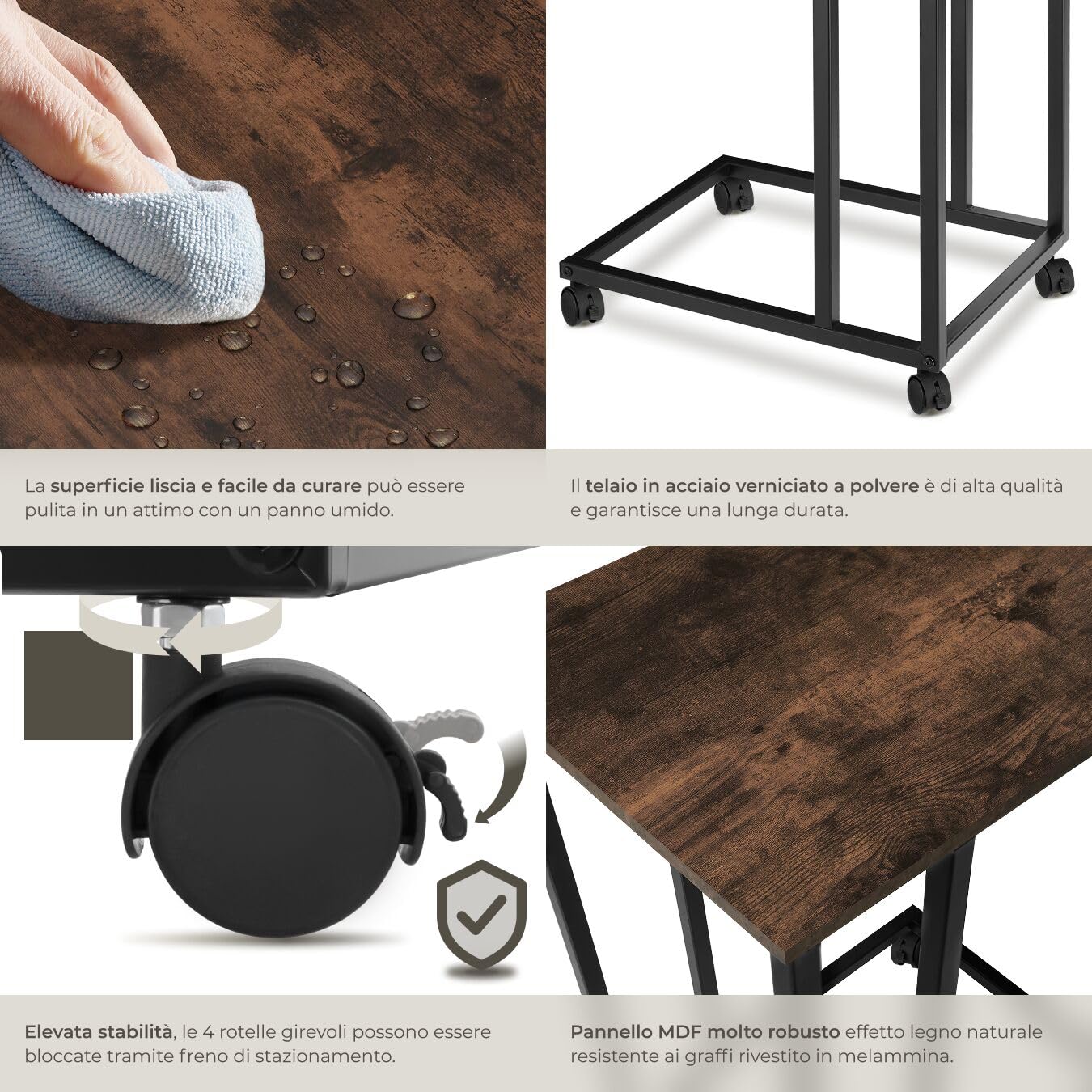 tectake® Tavolino Salotto 48x35x70cm, Tavolino da Divano o Letto, 4 Rotelle, Tavolinetto Divano, Salotto, Camera per Libri, Laptop, Piante, Snack e Bevande, Casa, Ufficio - Legno Industriale Scuro