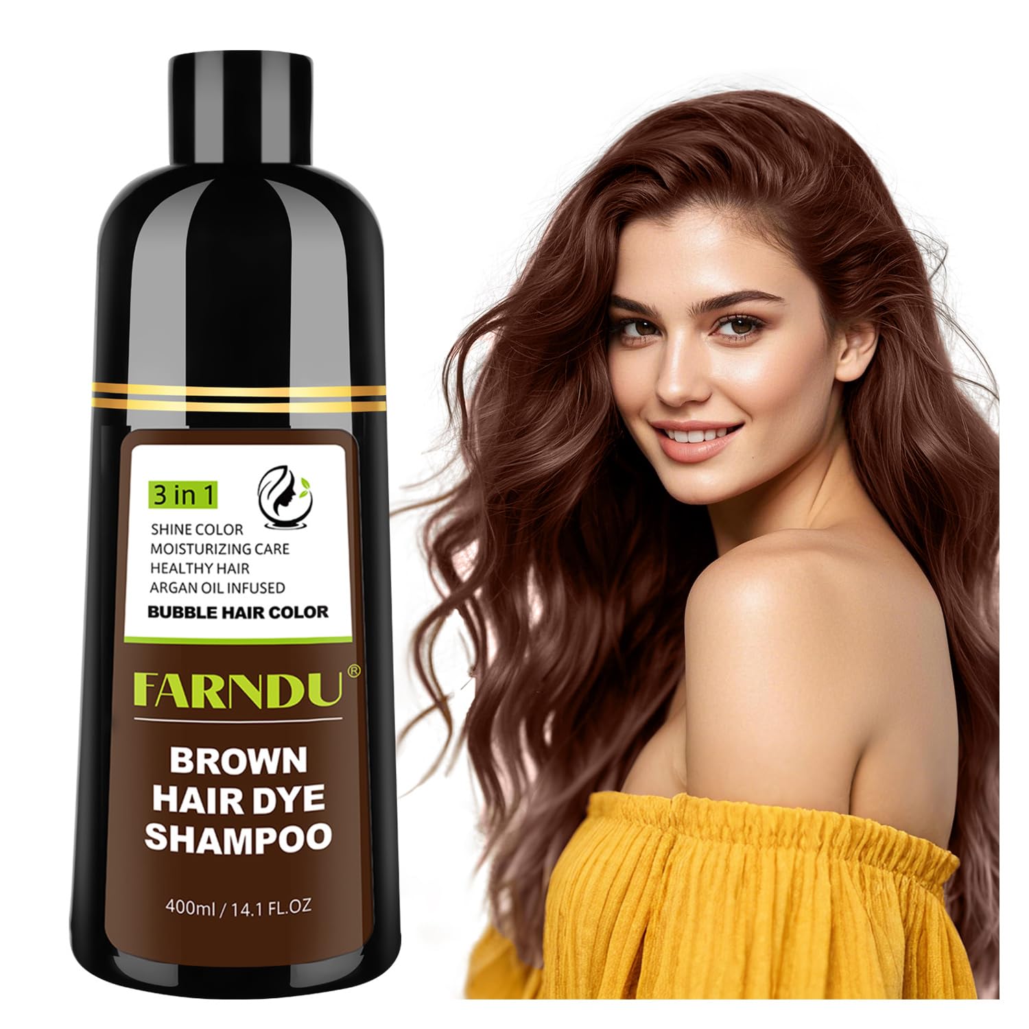 FARNDU Chestnut Brown Hair Dye Shampoo for Gray Hair Coverage - 3 In 1 Natural Hair Color Shampoo for Women & Men, Ammonia & Paraben Free, Champu Para Canas Mujer