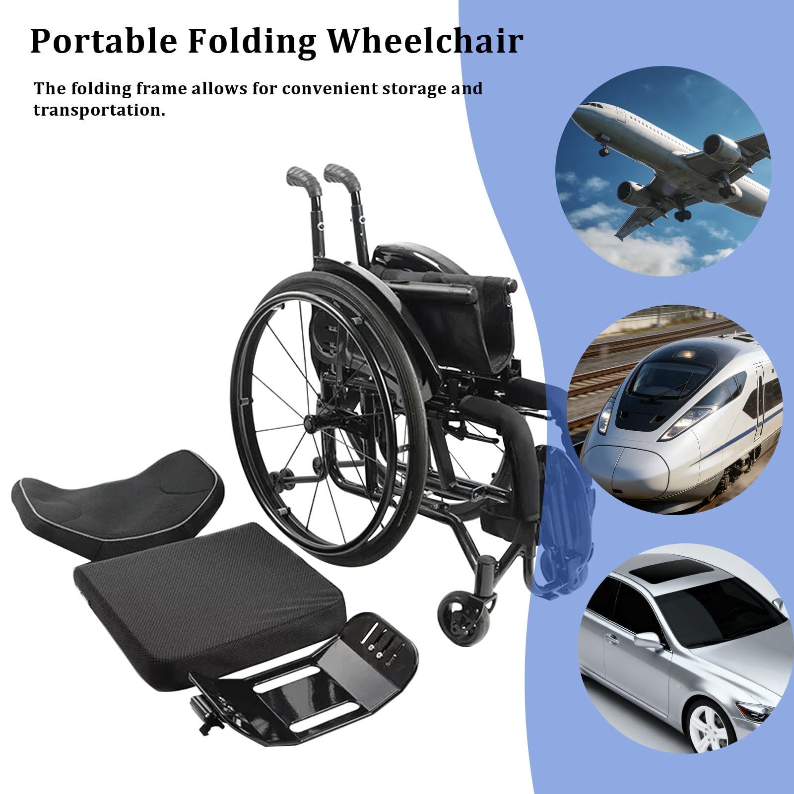 Carrozzina pieghevole in alluminio, Leggera, Autospinta, Sedia a rotelle da transito, Freno manuale, Poggiapiedi pieghevole(Black,16.5in Seat Width)