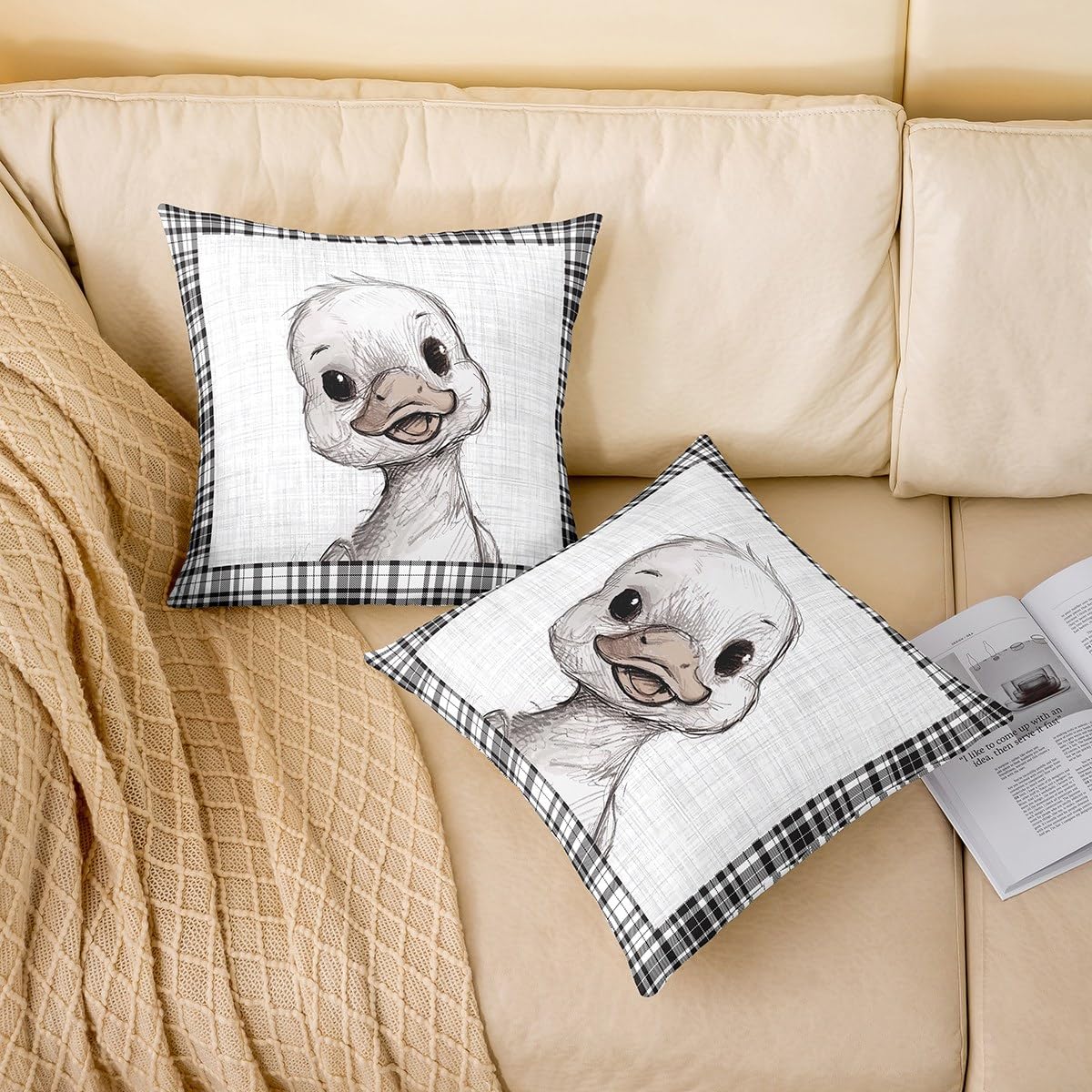 Homewish Cute Duck Throw Pillow Cover 20x20 Inch Cartoon Lovely Farm Wild Animal Decor Cushion Cover for Kids Boys Girls Retro Black White Grid Rustic Style Cushion Case for Couch Chairs RV