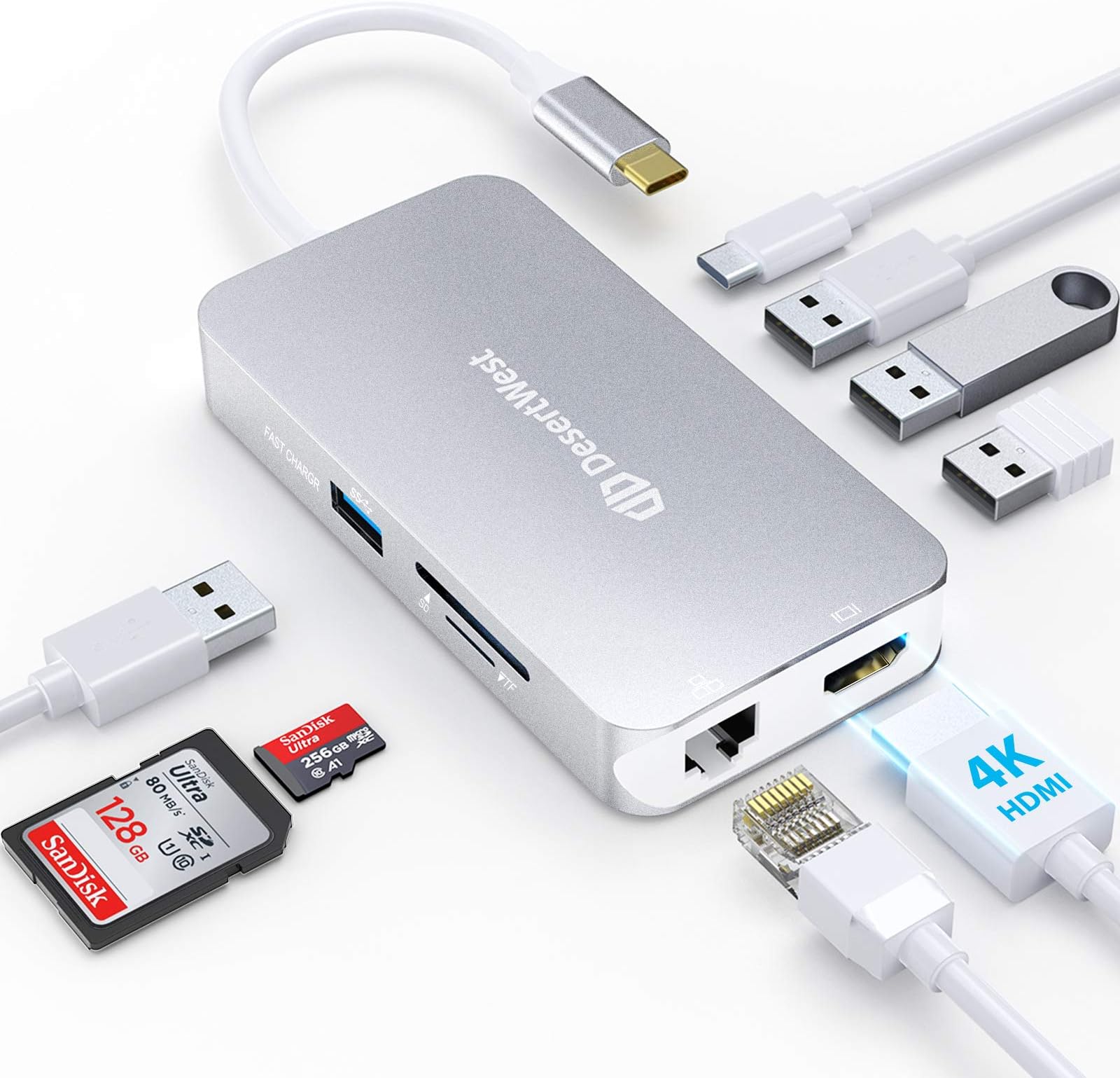 DesertWest USB C Hub 4K HDMI, 9 in 1 Multiport Adapter Portable Docking Station with Ultra HDMI Port, 1Gbps Ethernet Port, USB 3.0 Ports, 100W PD Power, SD/TF Card Reader for Macbook Pro/Air, XPS, etc