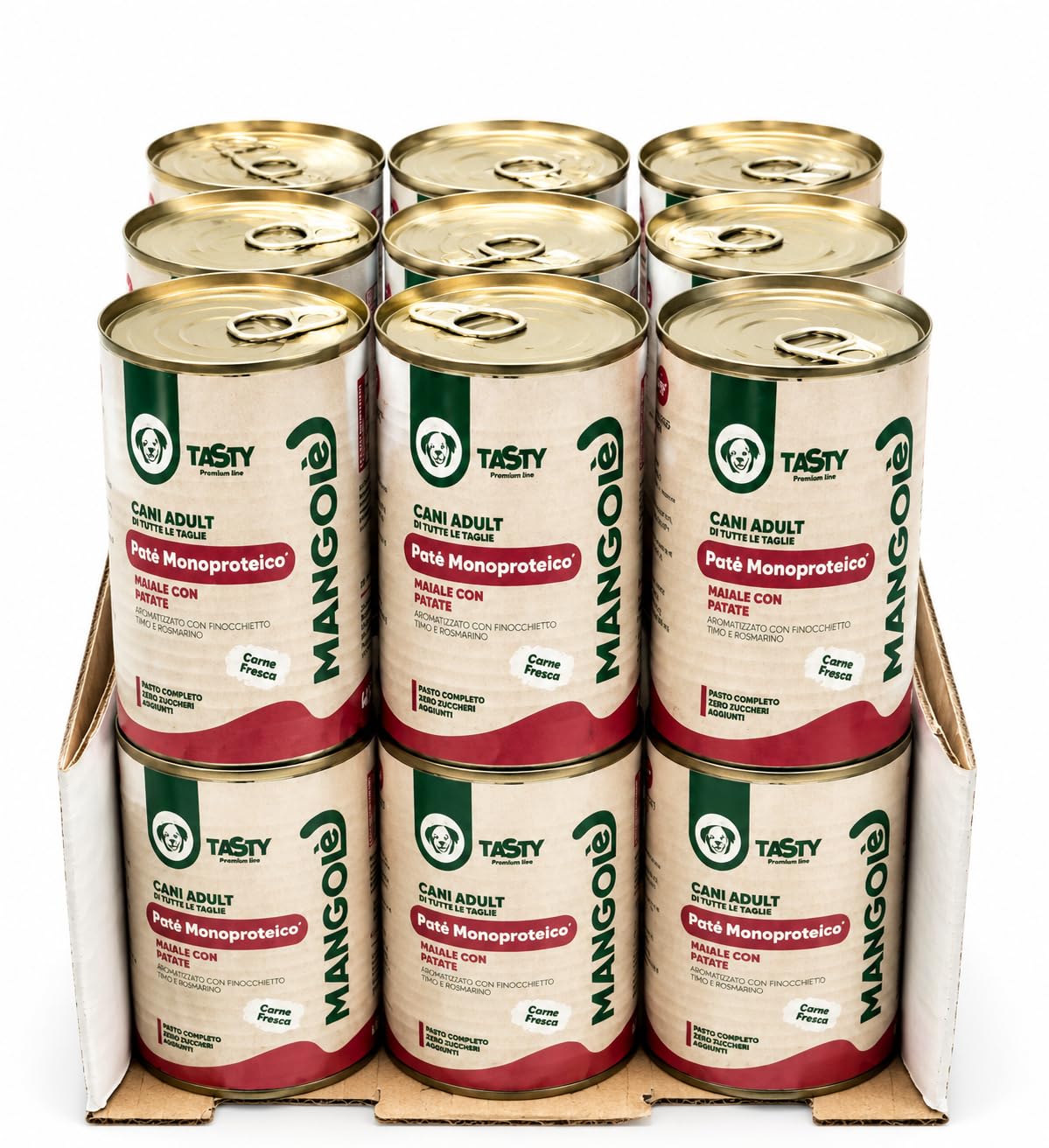 Dog Patè Monoproteico Maiale con Patate 400 g Alimento Umido Completo per Cani Adulti Aromatizzato con Finocchietto, Timo e Rosmarino (24 Pezzi)