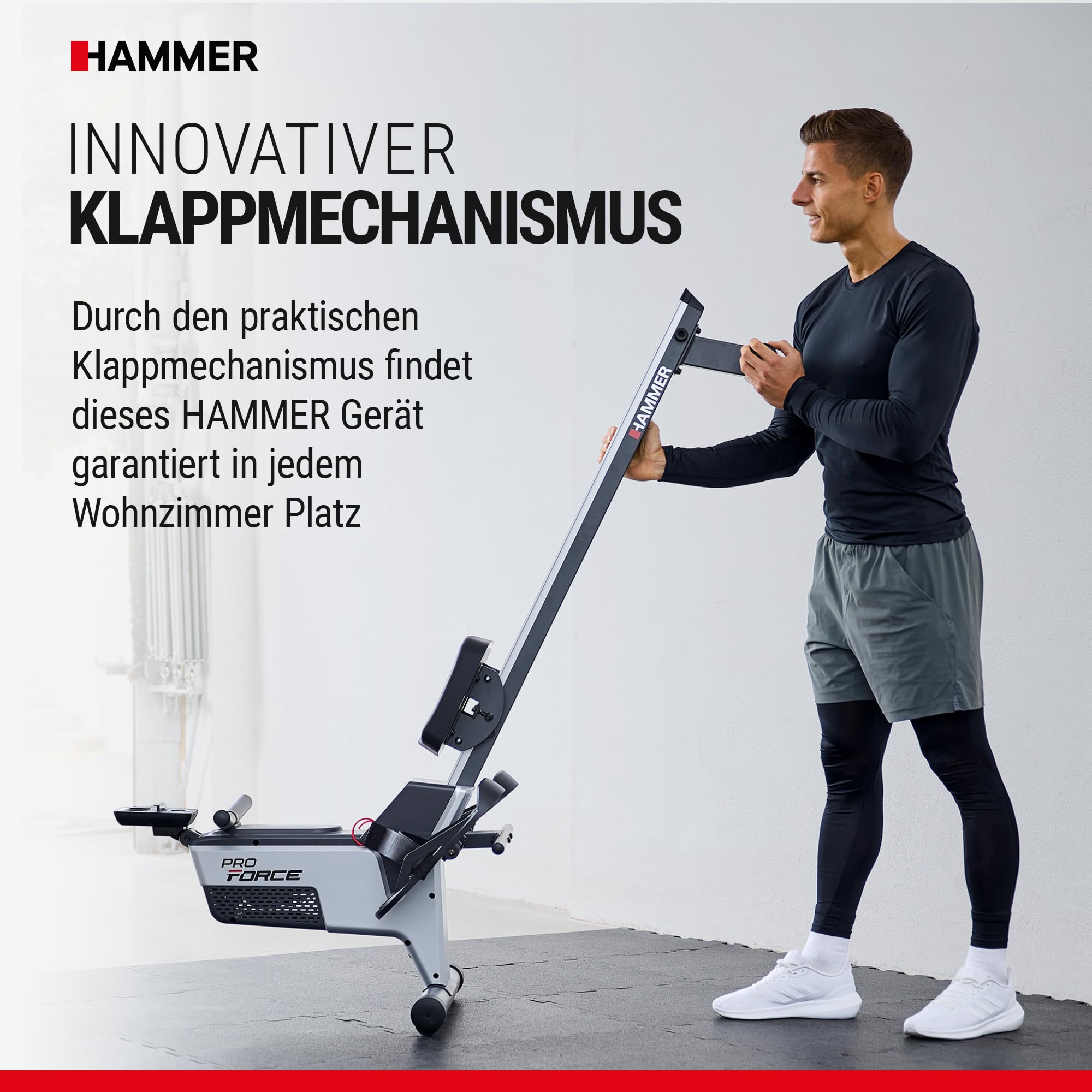 HAMMER Rudergerät Pro Force - platzsparendes, leichtes & hocheffektives Ausdauergerät mit 20 Trainingsprogrammen und Tablet-Halterung, bis 120 kg Nutzergewicht