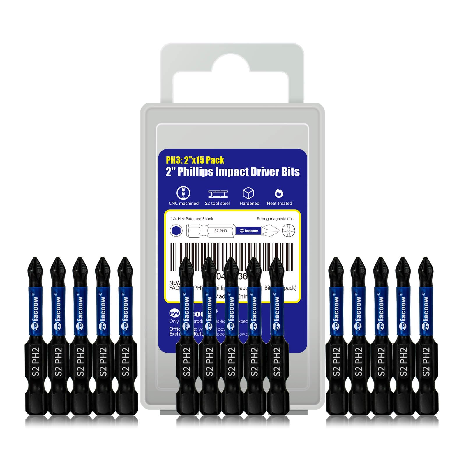 15 Pack Phillips Impact Driver Bits, #2 Phillips Head Magnetic Screwdriver Bits Set, 2 Inch S2 Alloy Steel Impact Bits, 1/4" Hex Shank Screwdriver Drill Bit, CNC Machined ph2 Impact Drill Bits