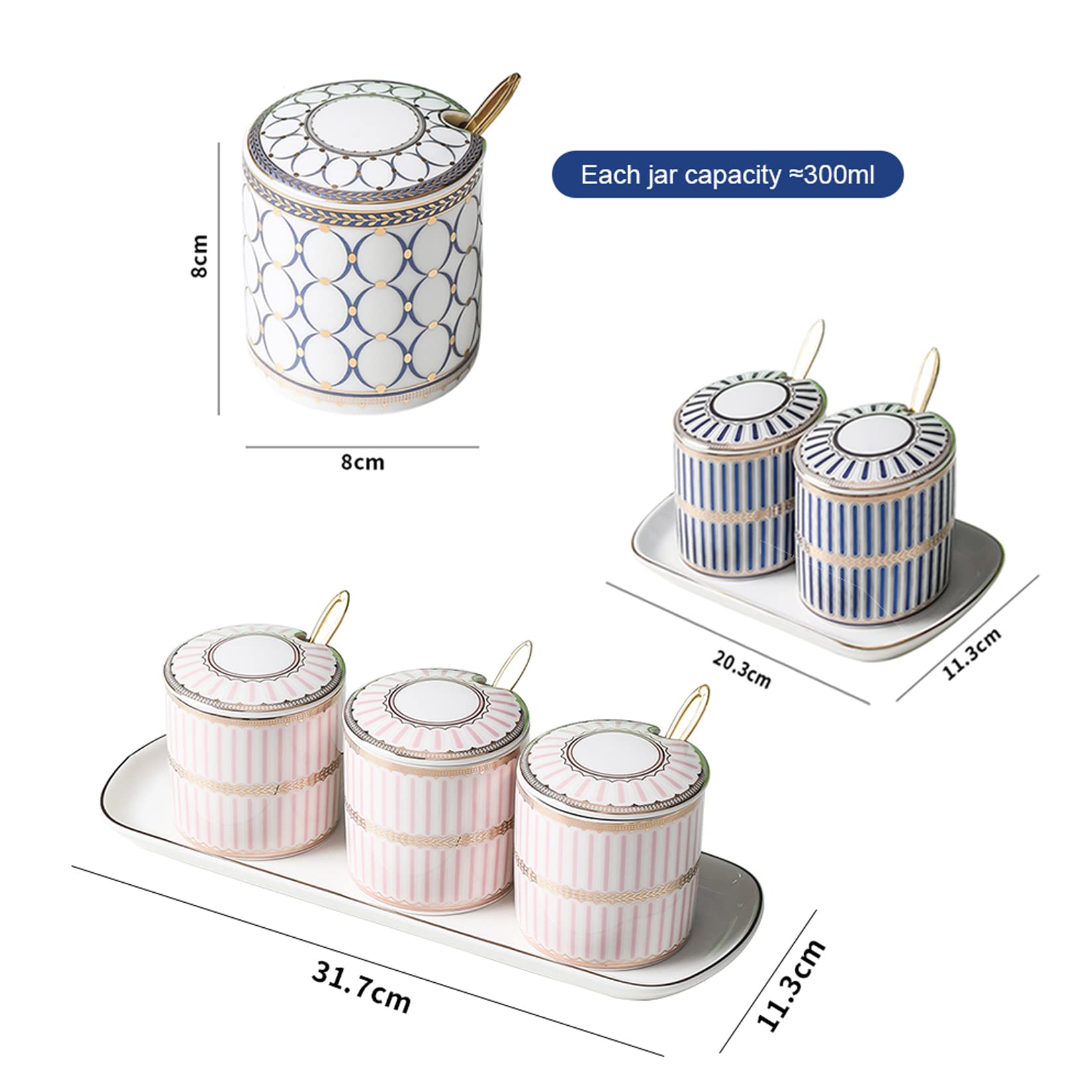 Pots à épices en céramique de Peinture colorée, contenants d'épices de Luxe légers, Pots de Condiments de sel de Cuisine et de Sucre avec couvercles, cuillères et Plateau,Blue/Set of 2