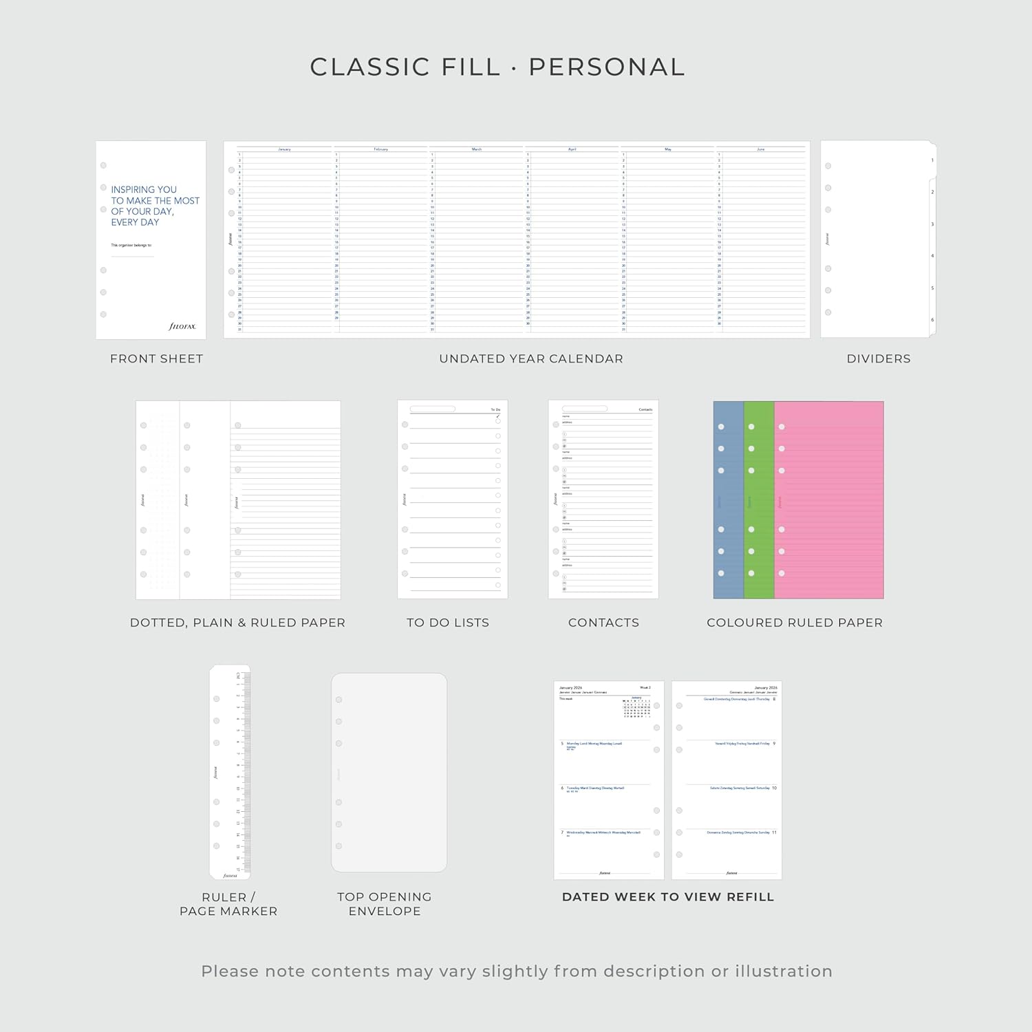Filofax Metropol Organizer, Personal Size, Black - Leather-Look, Six Rings, Week-to-View Insert, Multilingual (C026902)