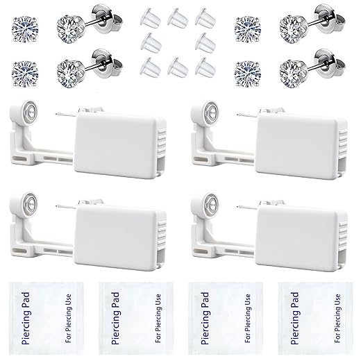 4 Pack Self Ear Piercing Gun, Disposable Self Ear Piercing Gun Kit with Earring Studs Safety Ear Piercing Gun Kit Tool (silver)