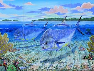 Ceramic Backsplash Tile Mural Fishing Saltwater Fish Underwater Ocean Sea Kitchen/Bathroom/Shower - Permit Flats - Carey Chen