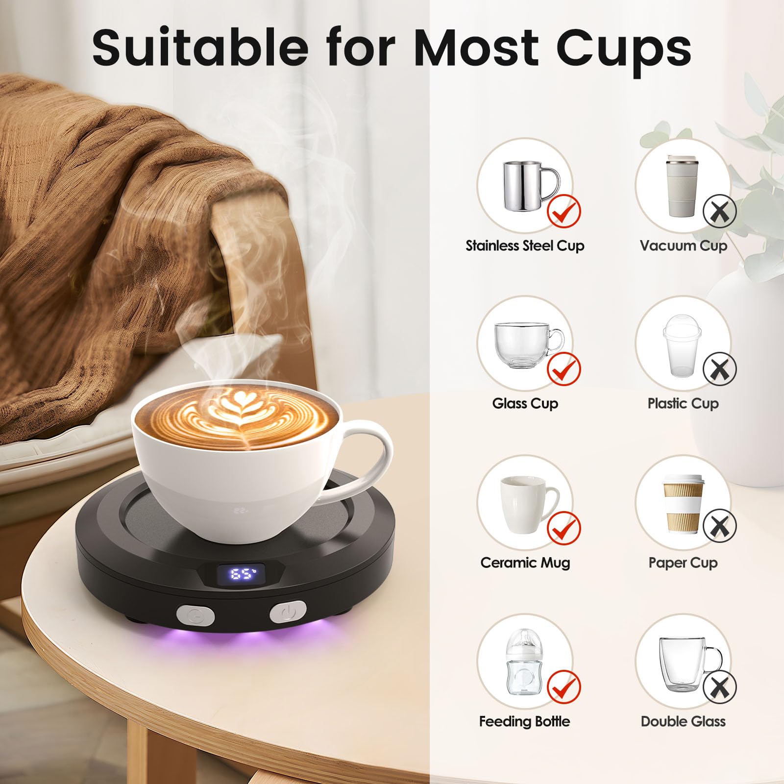 Accwork Mini Calentador de Taza Café, Calentador de Bebidas Calienta Leche, Té con 3 Modos de Temperatura, 2-12H Apagado Automático, Calentador de Café para Oficina, Hogar
