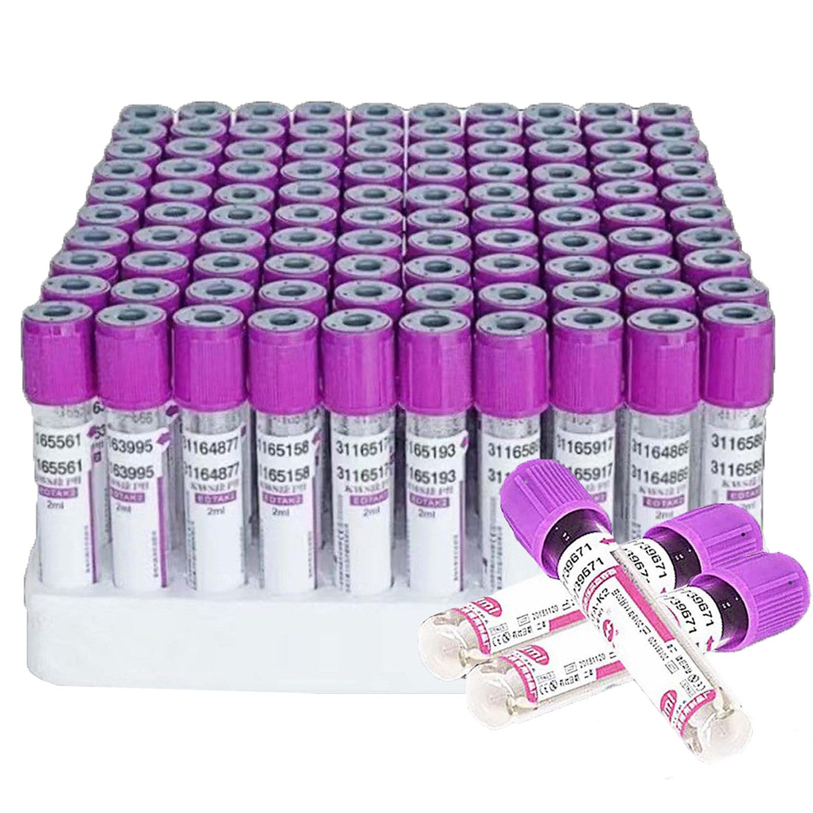 Tubo De Extracción De Sangre Al Vacío (100 Unidades), 2 Ml, 5 Ml Y 10 Ml, De Vidrio Anticoagulante con Edta K2 Y TapóN De Rosca Morado para Laboratorio.,10ml