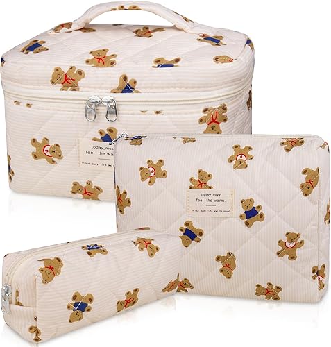 Miniatura 37 de Set de bolsas de maquillaje, bolsa de maquillaje acolchada, bolsa de cosméticos floral grande para mujeres, lindas bolsas de maquillaje de algodón,