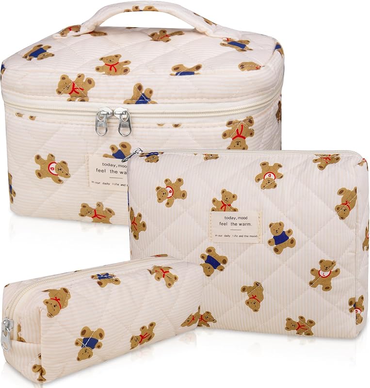 Gosect Conjunto com 3 Necessaires de Maquiagem de Algodão Matelassê com Estampa Floral Bear