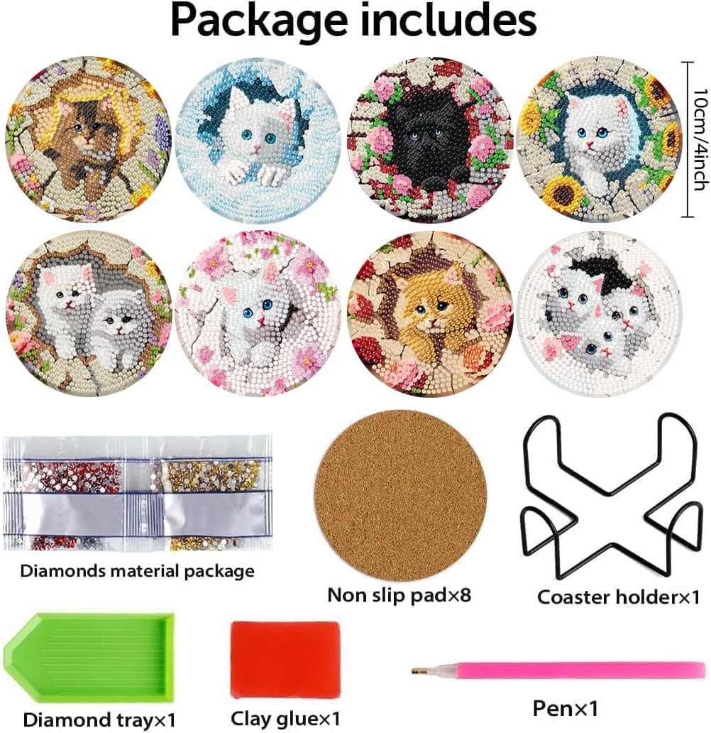 Lophomie 8 Pcs Diamond Art Coasters Kits for Adults with Holder Cork Pads, Cat Diamond Painting Coasters, Diamond Dots Coaster Art Crafts Kit DIY Non-Slip for Home Office Decor 4x4in