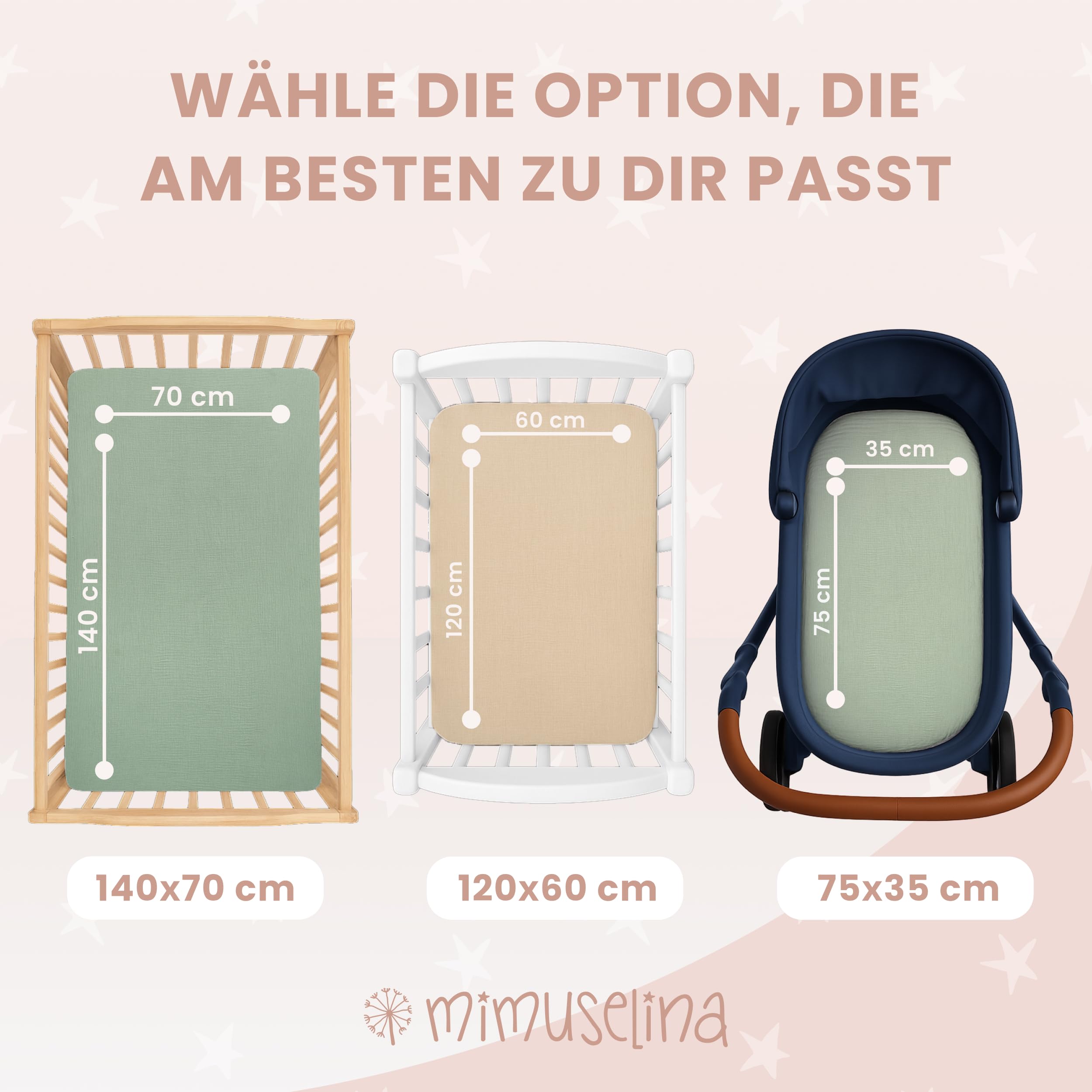 Mimuselina Spannbettlaken Stubenwagen 35x75 – 2er-Pack Stubenwagen Bezug 75x35 aus 100% weicher, atmungsaktiver Musselin-Baumwolle – Handgefertigt in Spanien – [Mint + Sand]