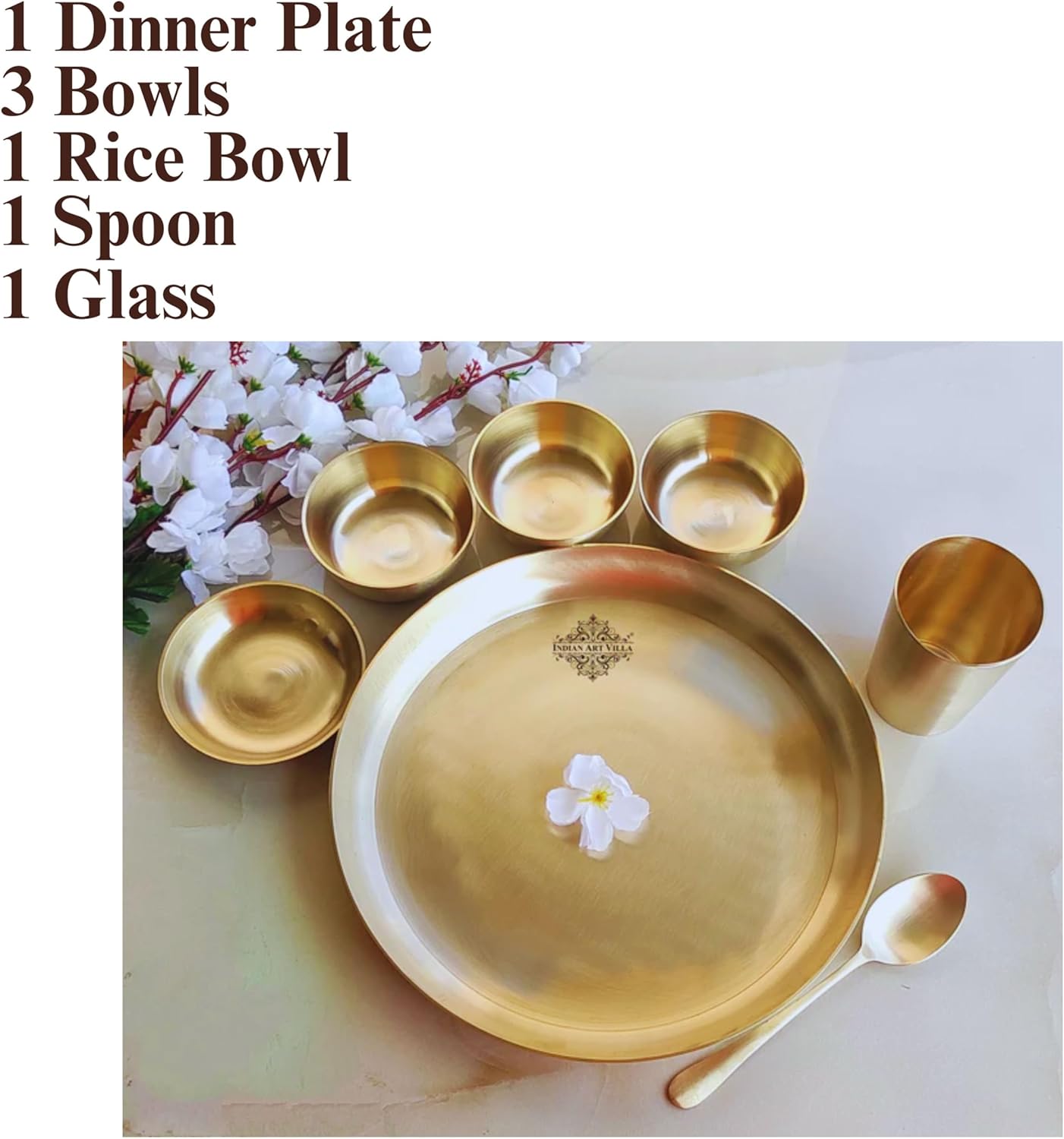 Indian Art Villa Pure Brass 7 Pieces Dinner Set/Thali Set of 1 Plate, 1 Tumbler, 1 Spoon, 1 Small Plate & 3 Bowls, Dinnerware, Tableware Or Crockery