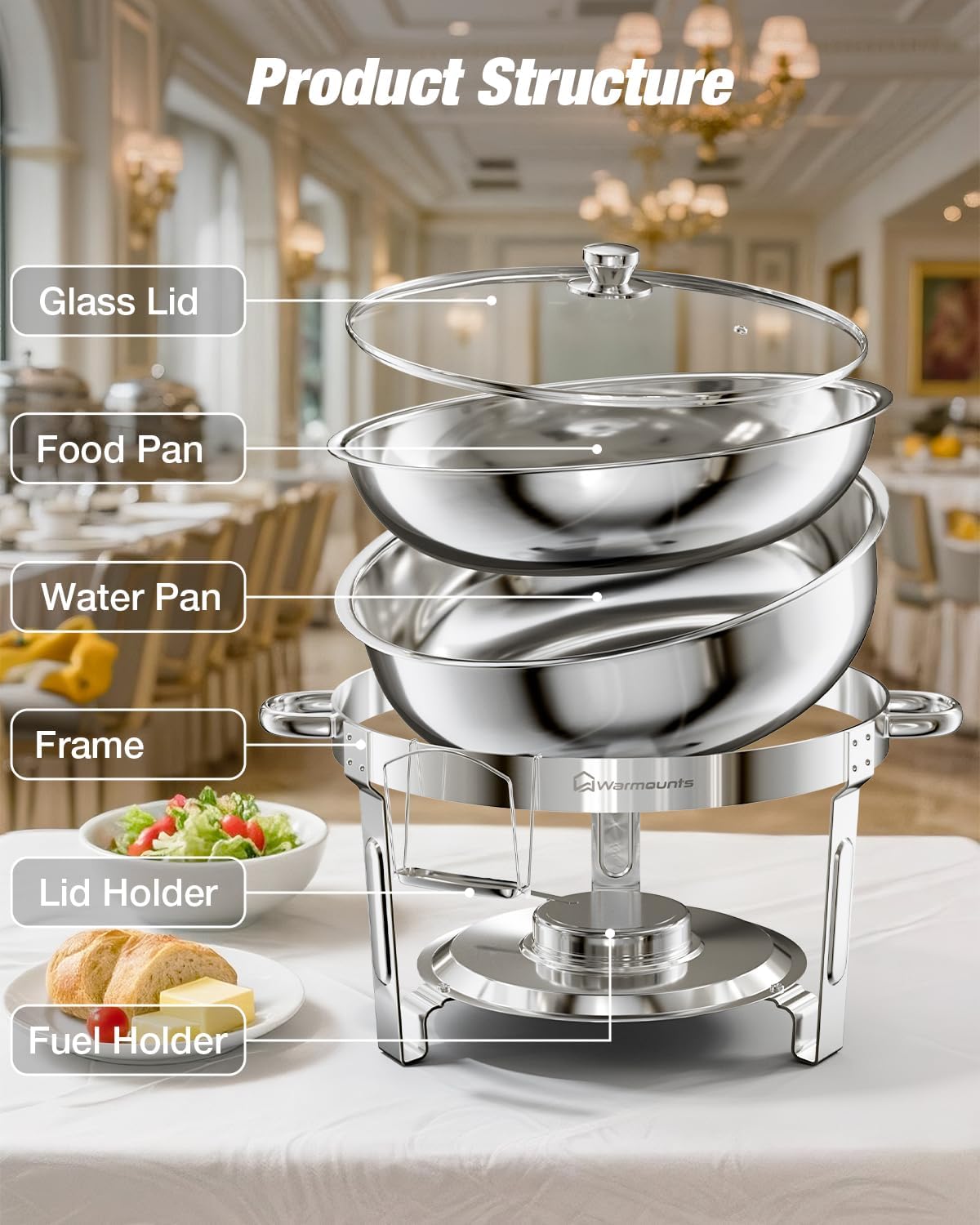 WARMOUNTS 5QT Round Chafing Dishes for Buffet with Glass Lid 4 Pack, Chafers and Buffet Warmers Set with Mirror-Polished Stainless Steel, Rolled Rim, Stackable, Lid Holder for Parties, Catering