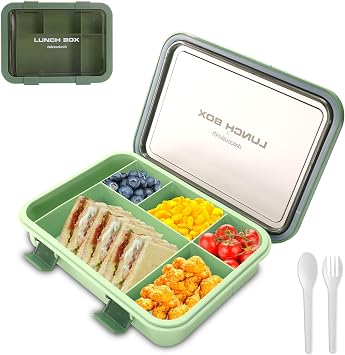 Lunch Box Bento Boxes, 6 Compartments 1500ml Large Capacity Reusable Leakproof BPA Free, Salad Snack Sandwich Food Storage Container with Cutlery for Kids Adult Work School Travel Green