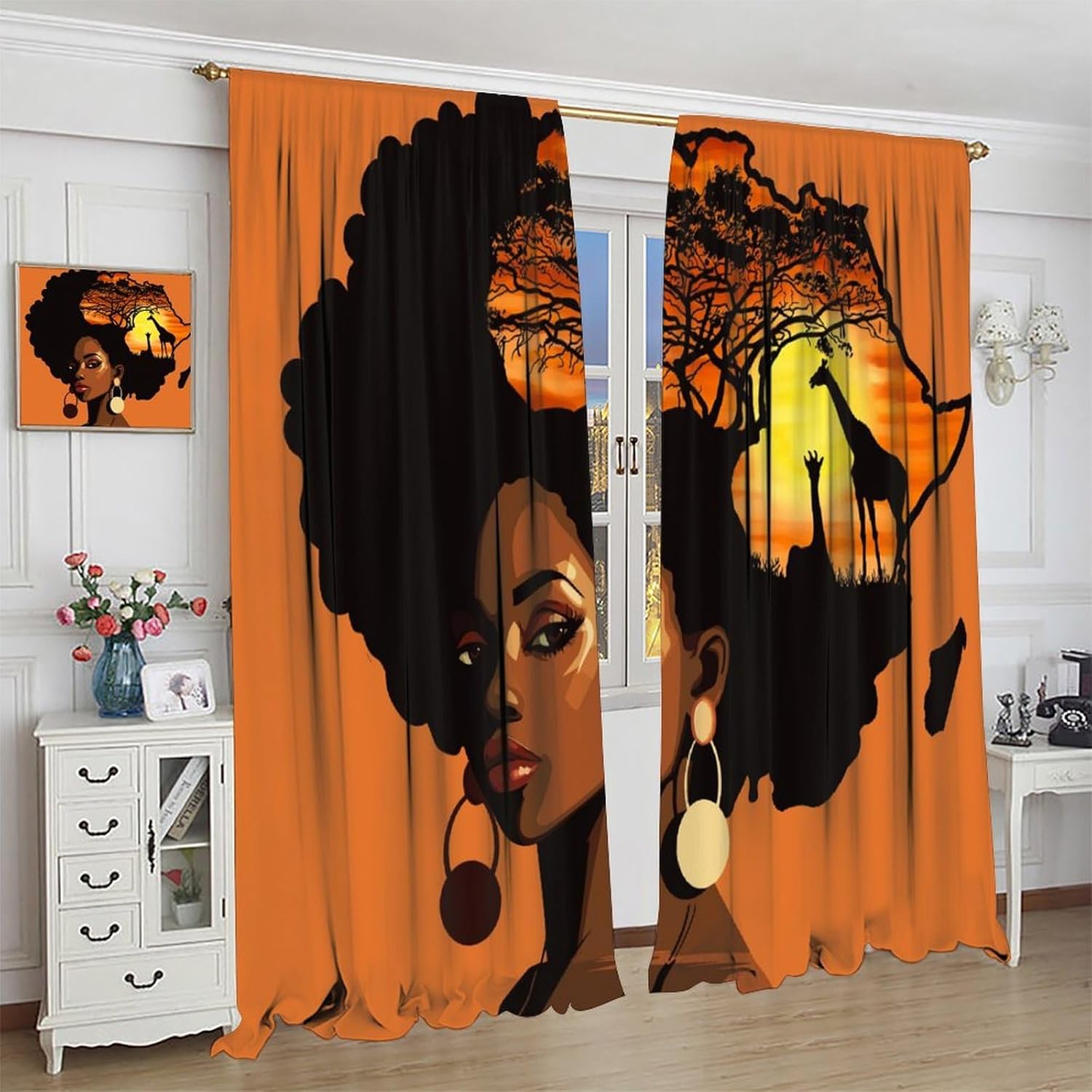 African Silhouette Curtain Black Girl Afro Woman Abstract Sunset Landscape Rod Pocket Blackout Window Treatments for Girls Bedroom Living Room Decor 42" W X 54" L