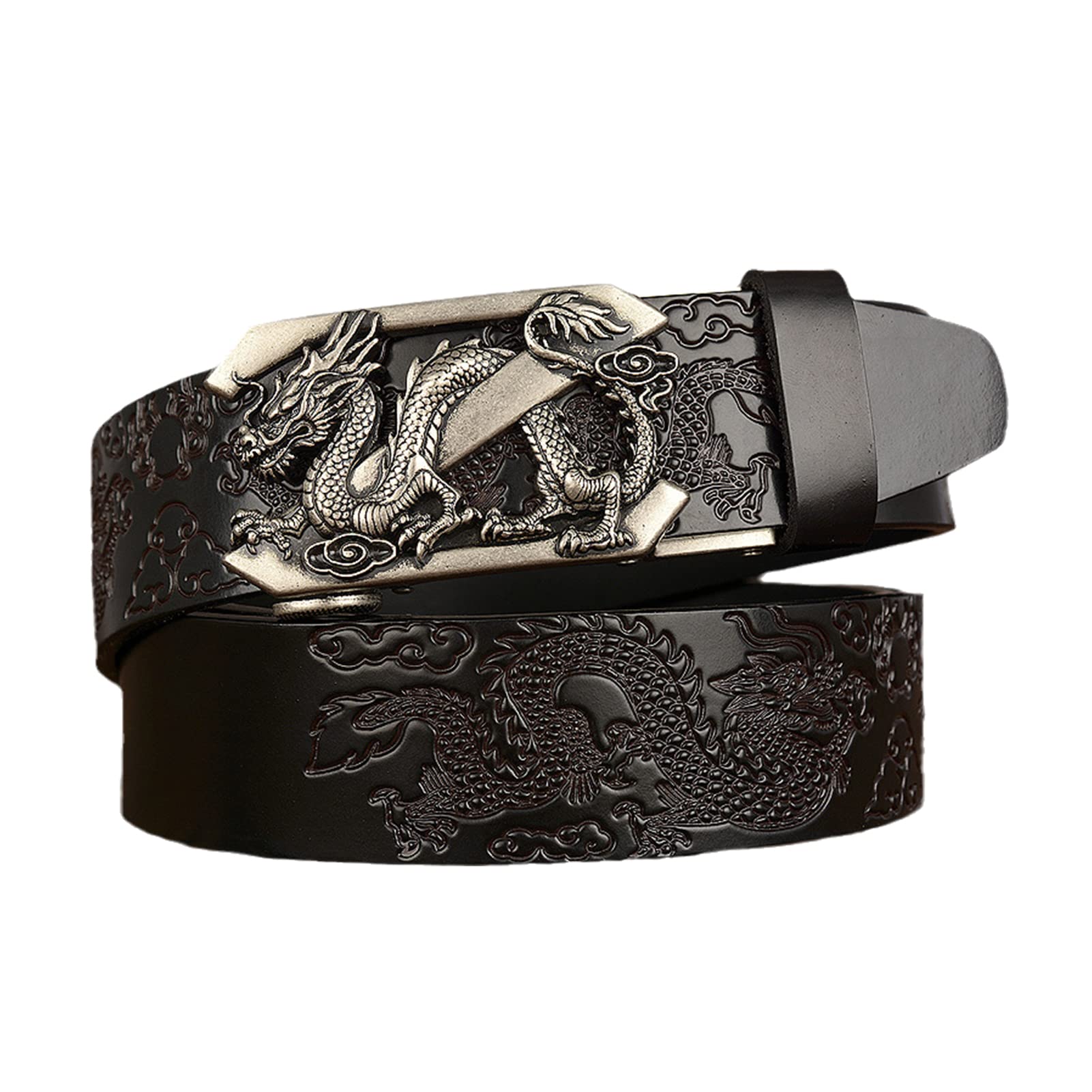pasek, Oryginalne skórzane paski dla mężczyzn i kobiet z grawerowaną automatyczną klamrą 3D Dragon ze skóry zapięciem grzechotkowym(Black,120cm/waist:40"~42")