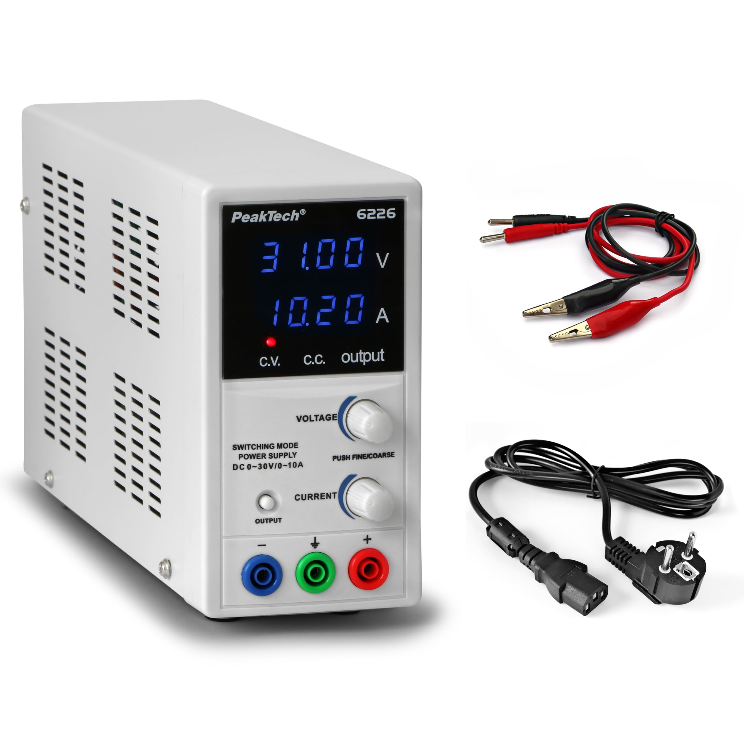 Peaktech P 6226 Alimentatore da Laboratorio DC 0-30V 0-10A Display LED Blu Regolabile