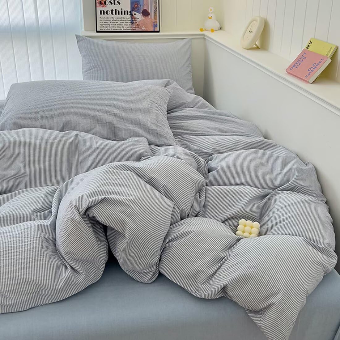 Mucalis Blue Striped Duvet Cover Queen 100% Washed Cotton White Pinstriped Duvet Cover Set Full Soft Linen Like Textured Stripe Pattern Farmhouse Bedding Set with Zipper Closure Corner Ties