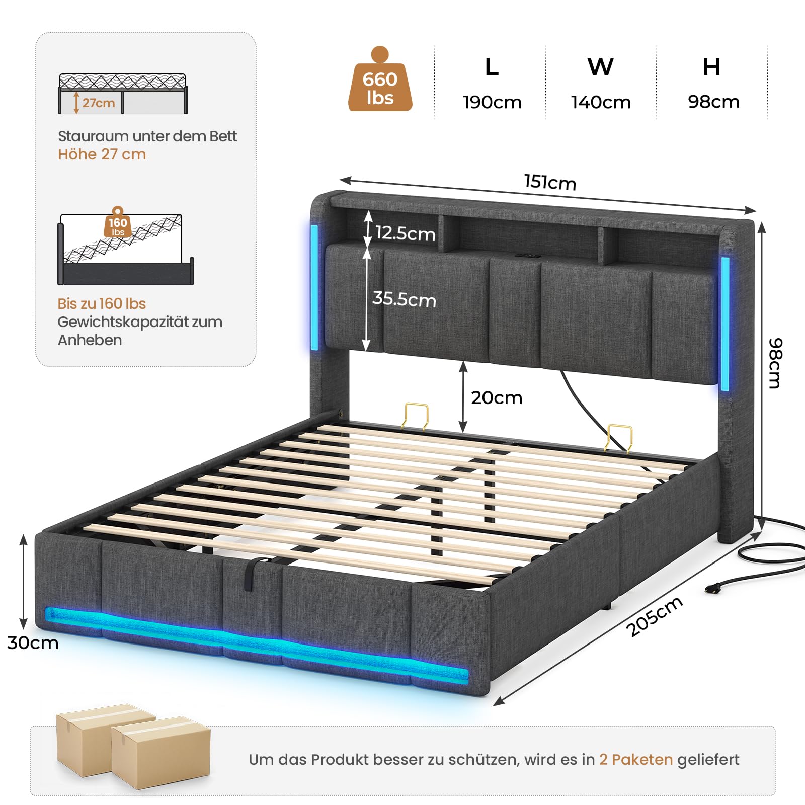 AOGLLATI Lit Coffre Hydraulique 140x190 avec Éclairage LED & Prise,Tête de lit capitonné avec Étagères Ouvertes et Rangement Caché, Lit 2 Personnes avec Sommier à Lattes, Lin Gris Foncé(sans Matelas)