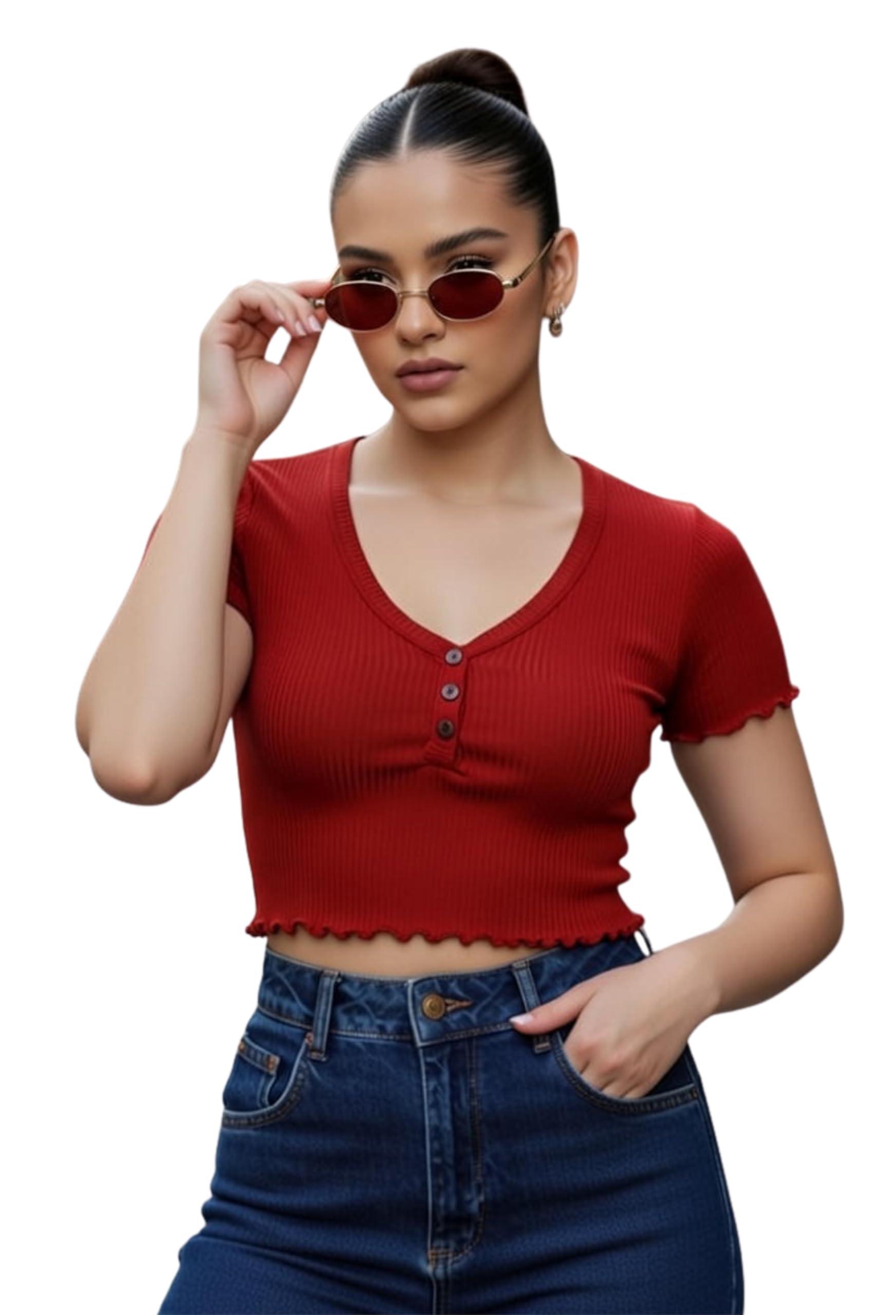 Women's Cotton Blend V-Neck Crop Top – Short Sleeve, Casual Slim Fit, Summer Stylish T-Shirt for Girls & Women